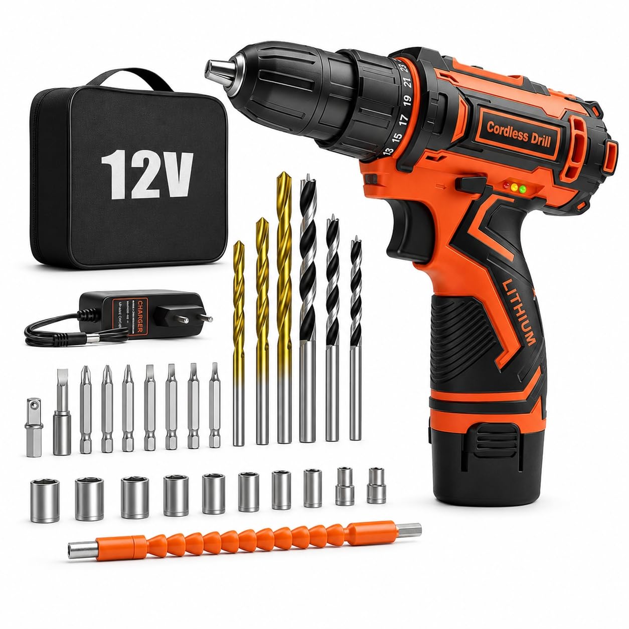 Taladro Atornillador Batería, Taladro Bateria De 12 V, Taladro Inalámbrico De 2 Velocidades, 25+1 Ajustes De Par, Par De 25 Nm, Batería De 2,0 Ah, 25 Accesorios, Luz LED, Para Bricolaje
