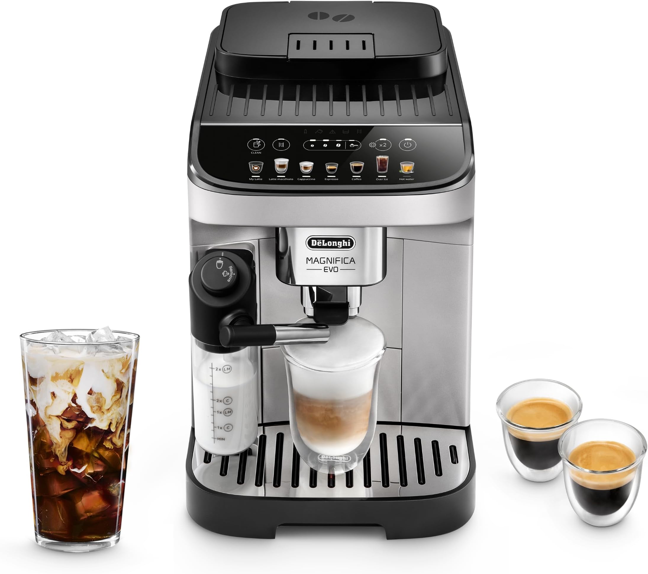 Magnifica Evo Automatic Espresso & Coffee Machine with Auto Milk Frother, Built-in Grinder & Auto-Clean Function - For Latte, Cappuccino, Americano, Iced Coffee, ECAM29084SB , Silver