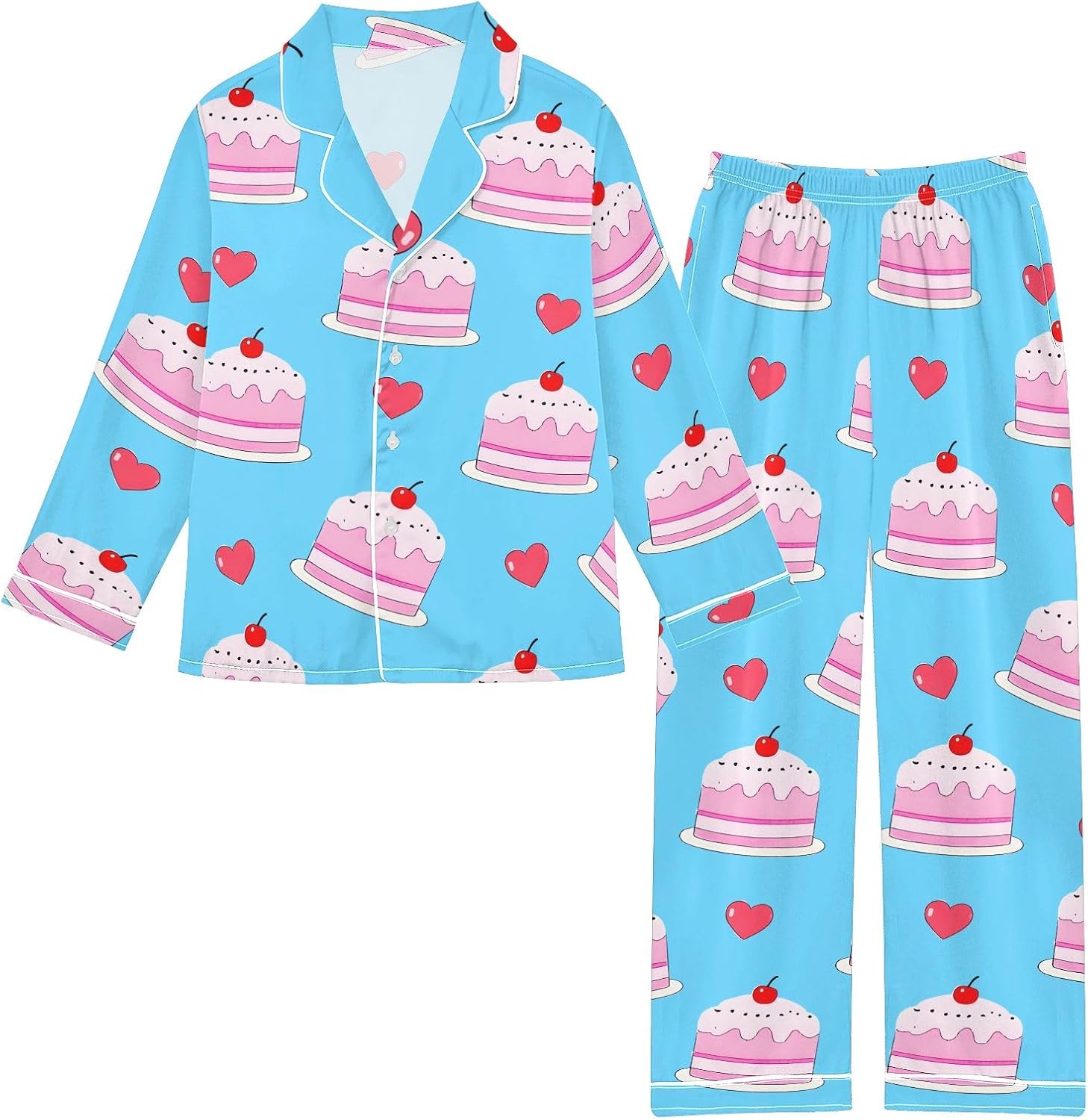 Kids Casual Satin Wear Set Cherry Cake with Blue Background Pattern Unisex Relaxed Fit Clothing