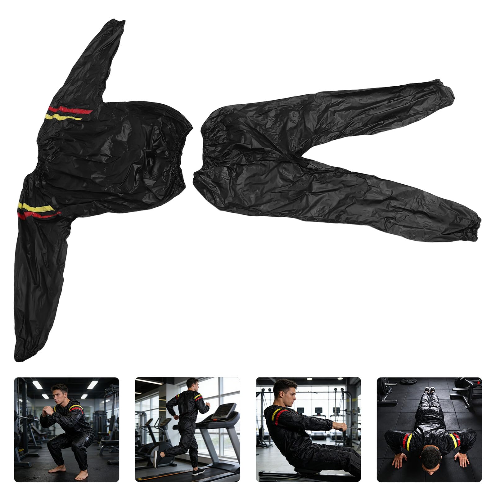 NOLITOY Conjunto Traje Sauna para Mujer M 0.15mm Negro Franjas Rojas y Amarillas, Traje de Entrenamiento Deportivo para Fitness, Pantalones Sauna Sudor para Gimnasio y Pérdida de Peso