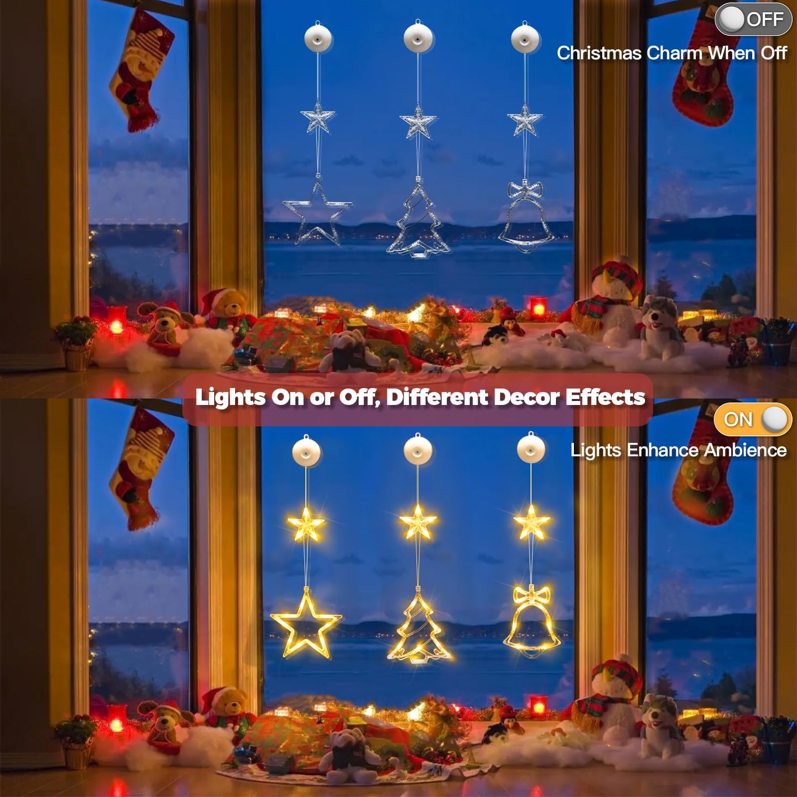 suddus Lot de 3 guirlandes lumineuses de Noël en forme de clochette et d'étoile, alimentées par piles avec ventouses et minuterie, guirlande lumineuse à suspendre pour arbre, cheminée, blanc chaud