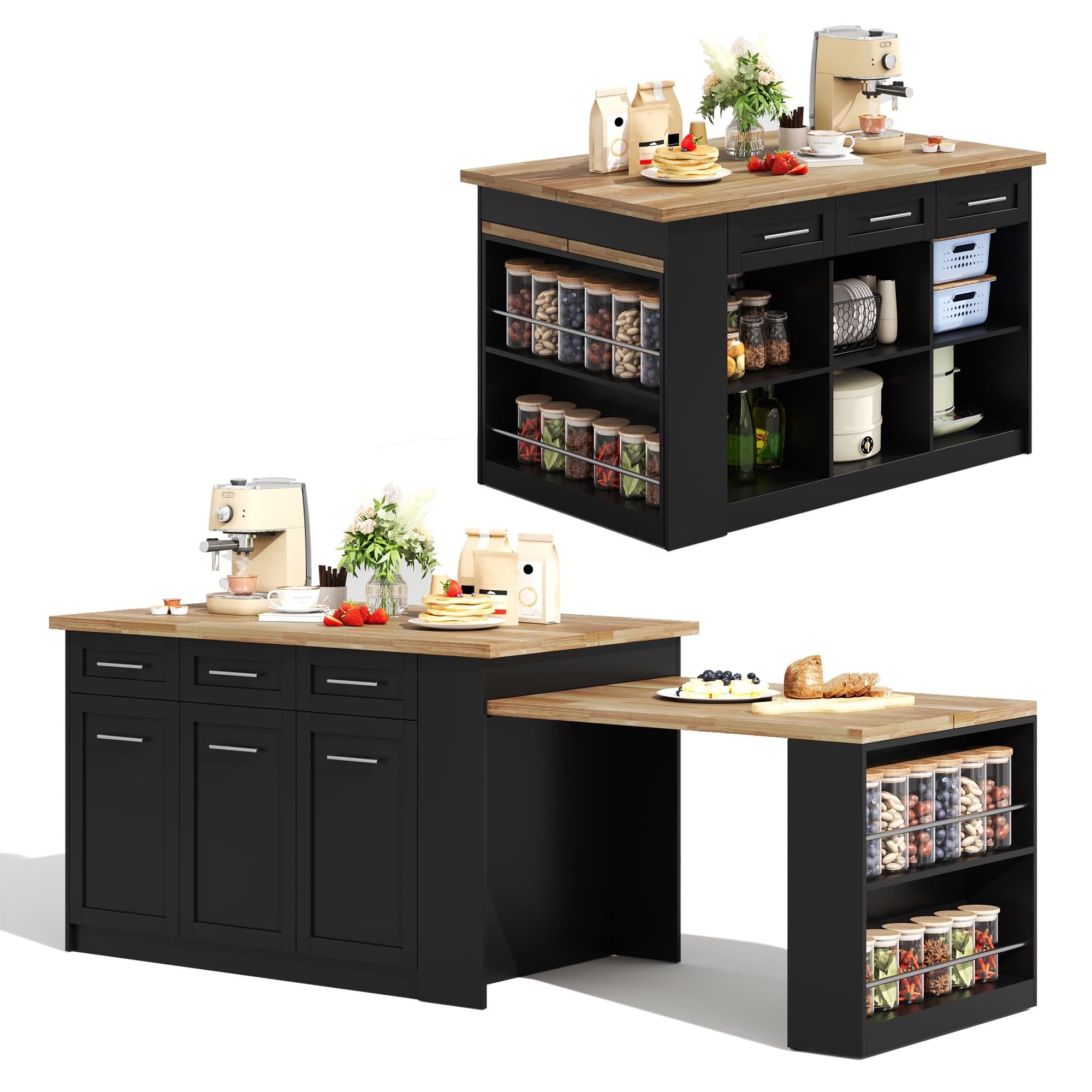 Azkoeesy Isola Cucina Grande con Tavolo Estraibile, 150x90x90 cm / 80x96x75 cm, 6 Cassetti, 3 Ante, Mensole Regolabili e Porta Spezie, Mobile Contenitore Multifunzionale,Nero + Natural