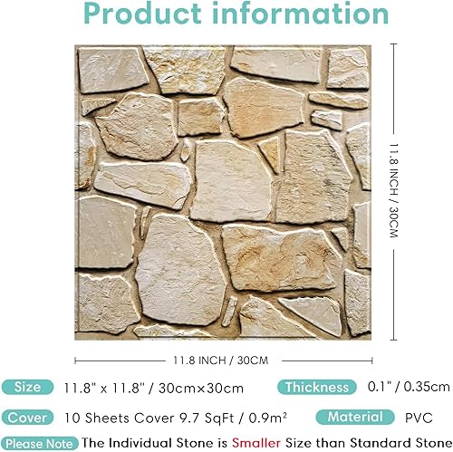 Miniatura 7 de Commomy 10 paneles de pared de piedra sintética 3D de 11.8 x 11.8 pulgadas, paneles de pared ultraligeros finos de PVC texturizados, azulejos de