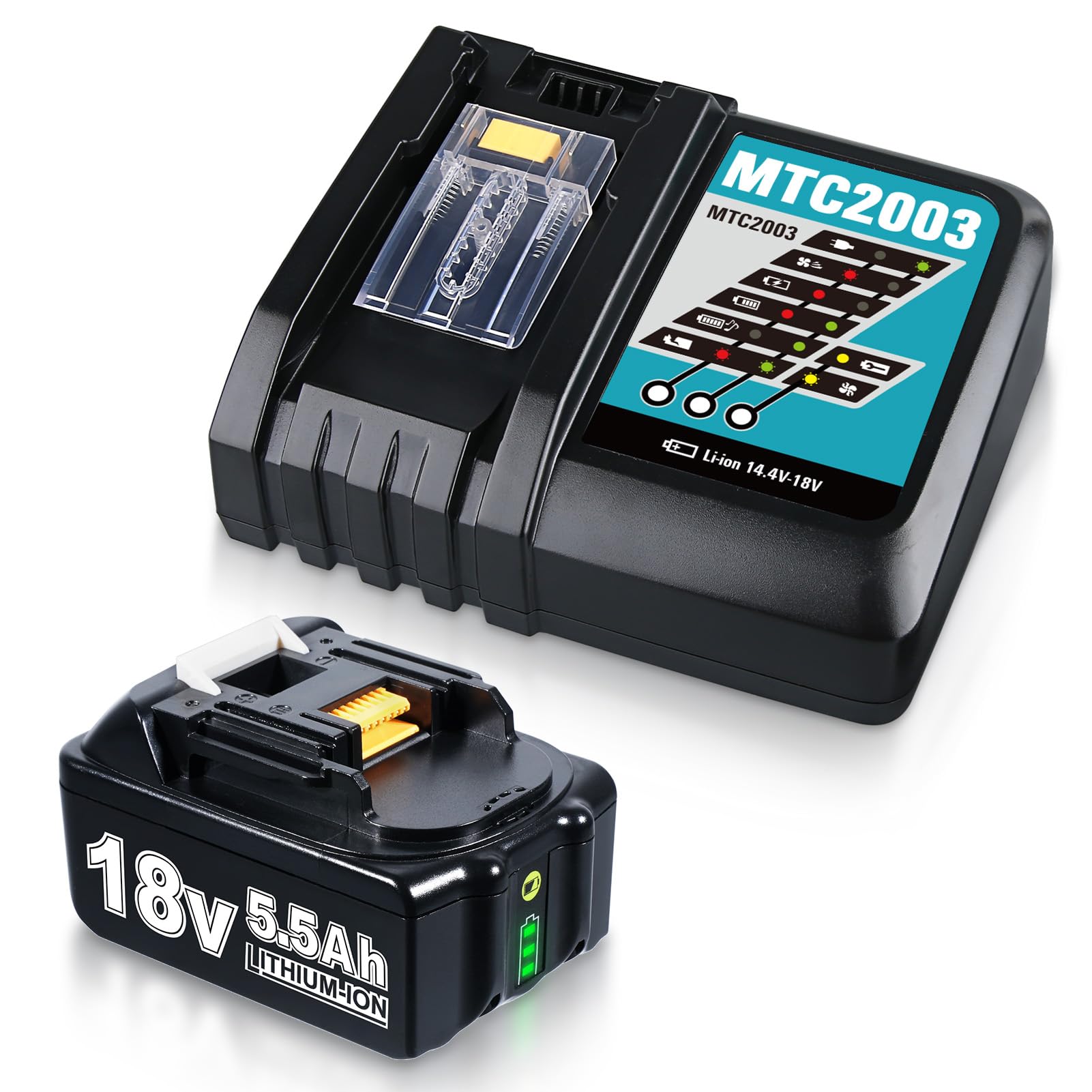 5.5Ah 18V Replacement Battery and Charger Set for Makita 18V Battery Compatible with BL1850B BL1830 BL1840 BL1860 BL1860B BL1830B with DC18RC Fast Charger for DIY Tools and Garden Equipment