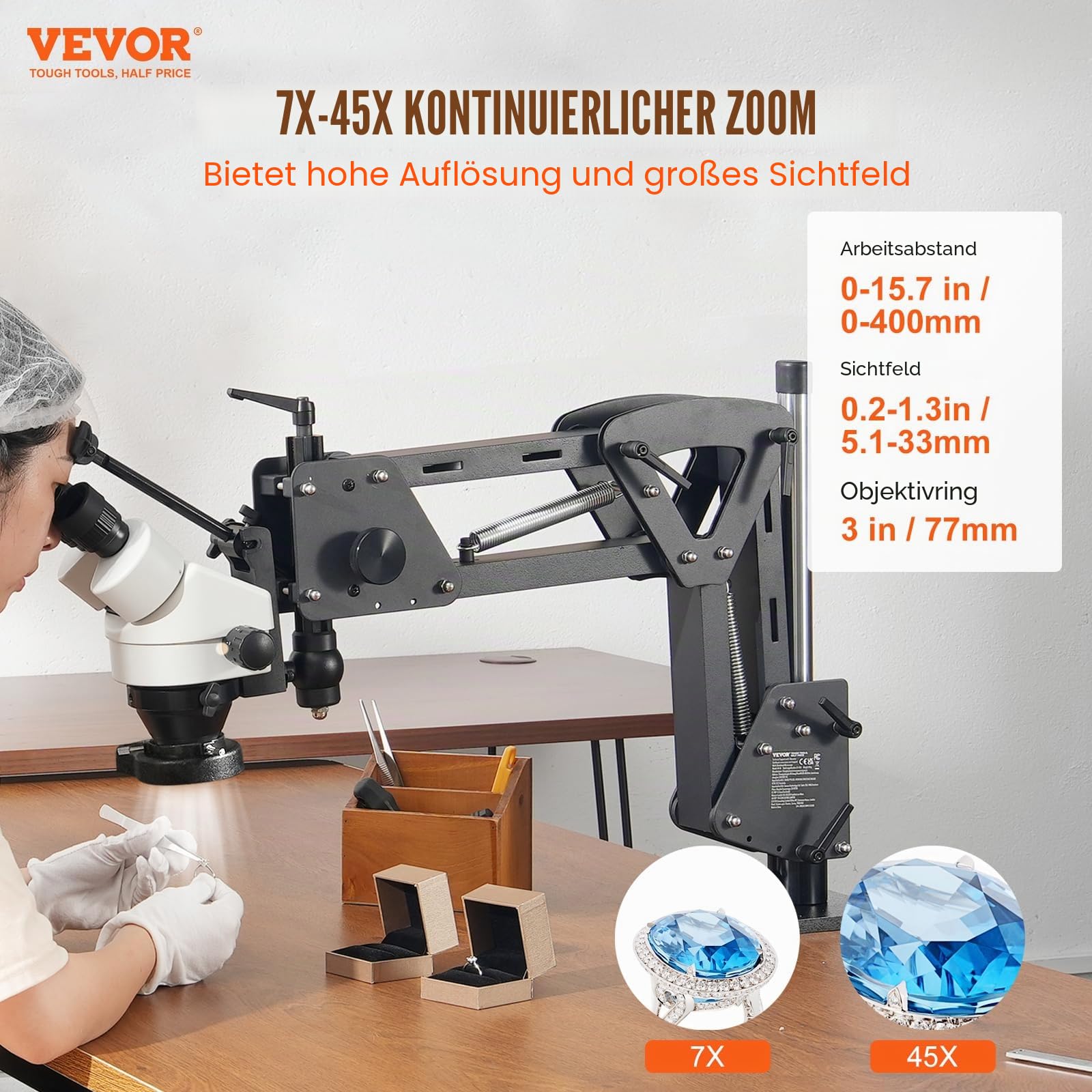 VEVOR Multidirektionales Mikroskop mit Federhalterung, Schmuckmikroskop mit 7- bis 45-facher Vergrößerung, Mikro-Schmuck-Intarsienständer mit integriertem USB-Ring-LED-Licht, Juweliermikroskop