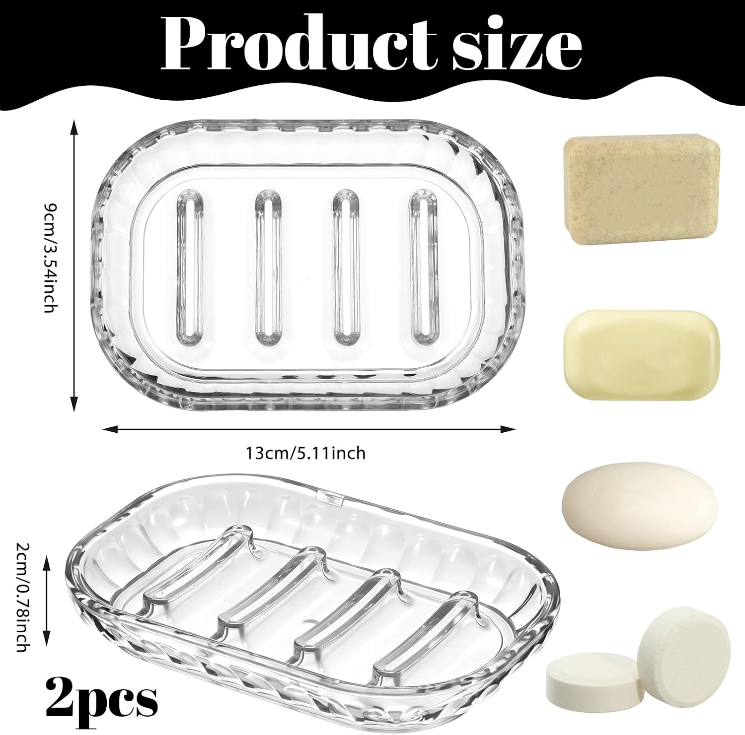 2PCS Soap Dish Holder for Bar Soap, Easy Cleaning Soaps Saver Tray, Bathroom Soaps Dishes, Kitchen Sink SoapDish, Plastic SoapDish Clear for Shower Bathroom Kitchen