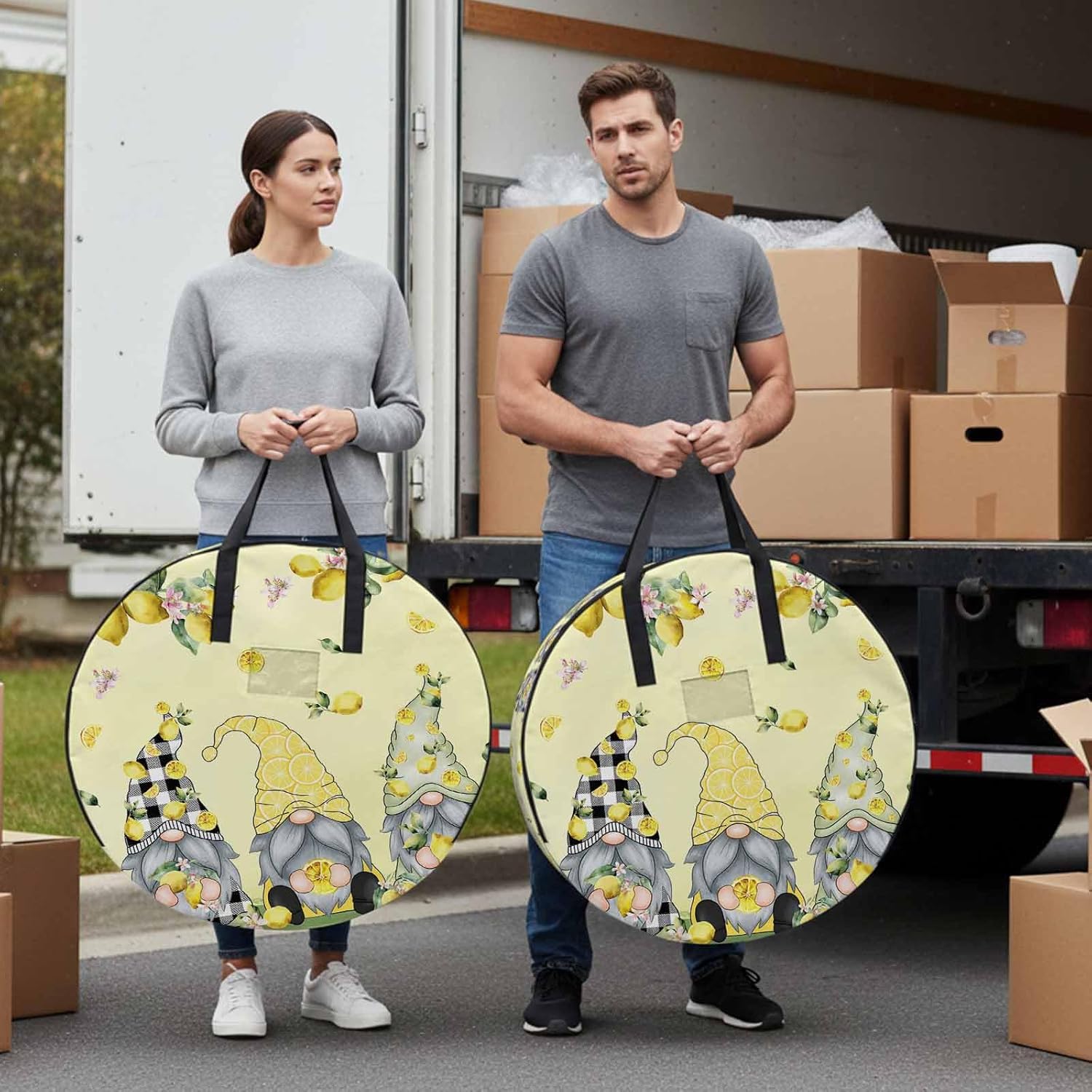 Storage Bag Lemon Gnome Round Storage Totes Bins Closet Organizers with Zippers & Handle Yellow Summer Fruit Flower Clothes Storage Container for Bedroom Dorm Space Saving Packing Supplies Moving Bags