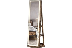 SONGMICS LED Mirror Jewelry Cabinet Standing, Lockable Jewelry Organizer with Full-Length Mirror