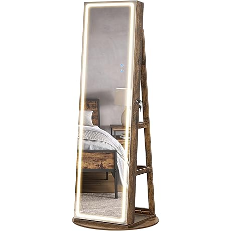 SONGMICS LED Mirror Jewelry Cabinet Standing, Lockable Jewelry Organizer with Full-Length Mirror