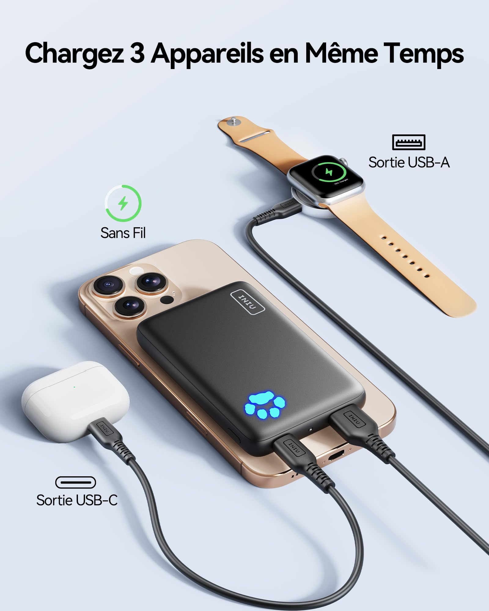 INIU 30W Magnétique Batterie Externe, Qi2 Certified Fil 10000mAh Charge Rapide Power Bank, PD 30W Mini Chargeur Portable avec Entrée et Sortie USB-C pour iPhone 16/15/14/13/12/Pro/Max