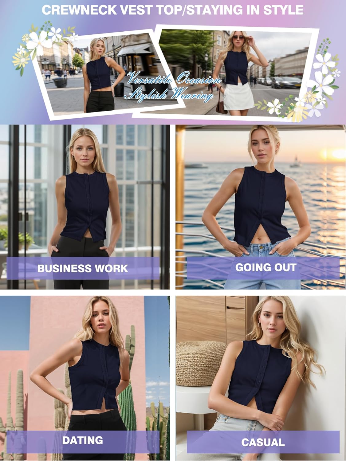 Women’s Button Down Tank Tops Sleeveless Ribbed Crop Summer Button Up Crewneck Vest Shirt Going Out Slim Fit Tops - Image 7