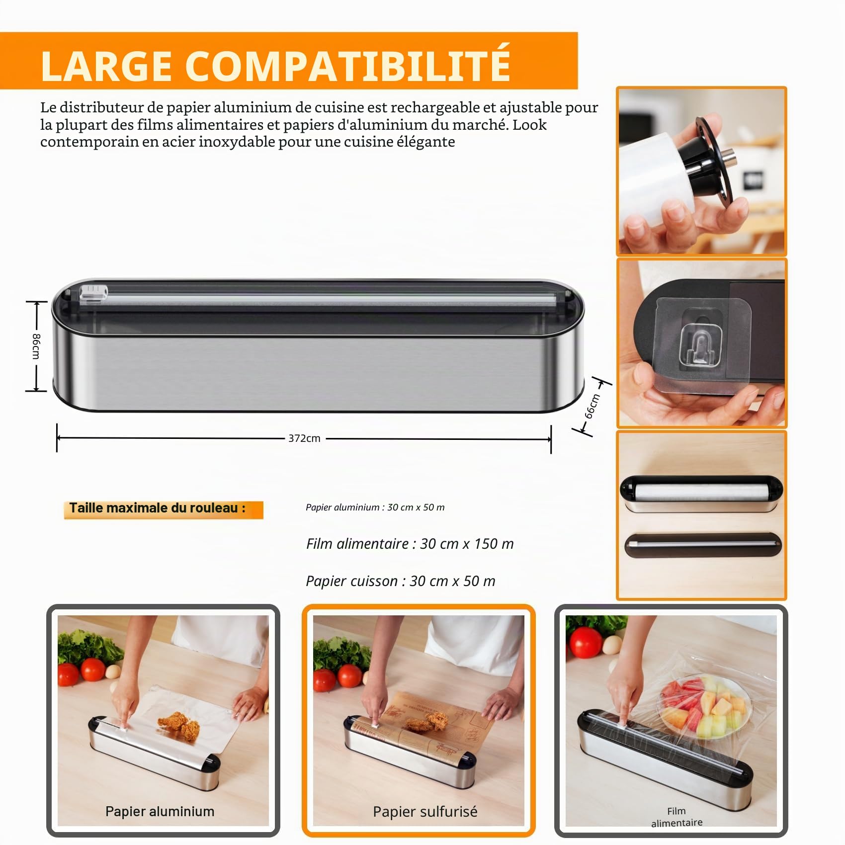 Derouleur Film Alimentaire - Fixation Magnétique et Murale sans Perçage, Distributeur Papier Aluminium et Film pour Organisation la Cuisine - Inclus 2x100m Rouleaux, Acier Inox Argenté