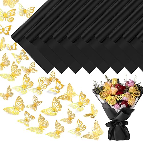 Jetec Juego de 320 piezas de papel de regalo de flores, 200 hojas de papel de regalo floral con 120 piezas 3D de mariposa dorada para decoración de