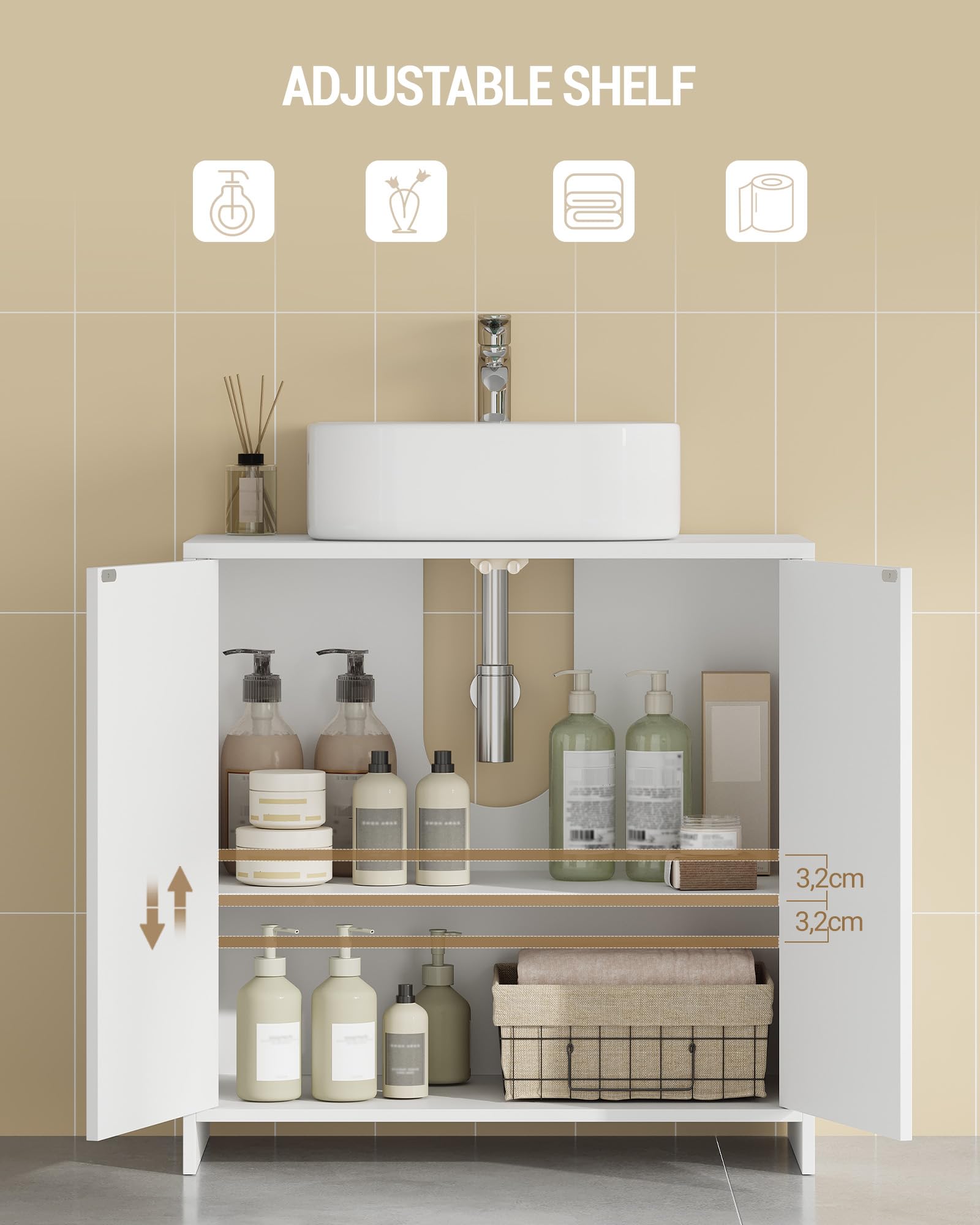 Hzuaneri Waschbeckenunterschrank, Unterschrank, Badezimmerschrank, Verstellbare Einlegeböden, Badschrank mit 2 Türen, Freistehend, Moderner, 30 x 60 x 60 cm, Weiß BC00603X