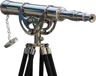 MARY NAUTICAL- Nautical Retro Style Chrome Anchor Master Telescope Maritime Brass Antique Single Barrel Designer Telescope W/Wooden Tripod Floor Standing Telescopic -