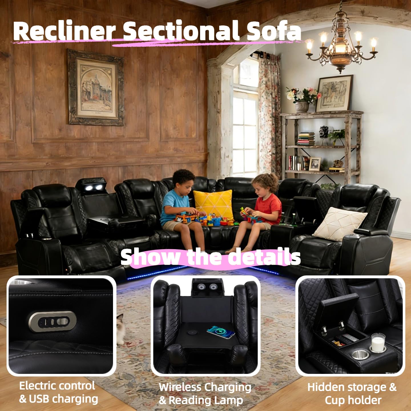 Leather Power Reclining Sectional Sofa Set,Sectional Couch with 3 Recliners view 3