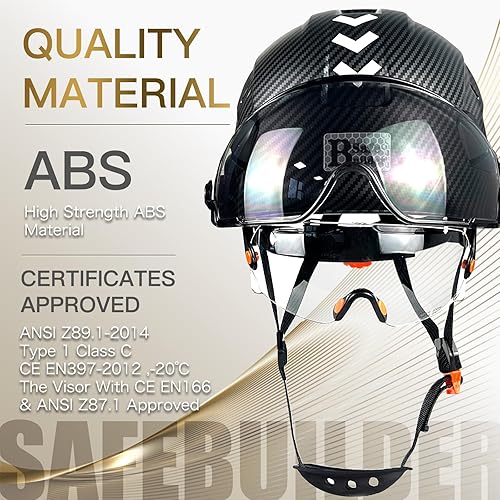 Miniatura 7 de SAFEBUILDER CR06X+2V Casco de seguridad de construcción con visera incorporada, casco duro ABS con visera, patrón de fibra de carbono ventilado,