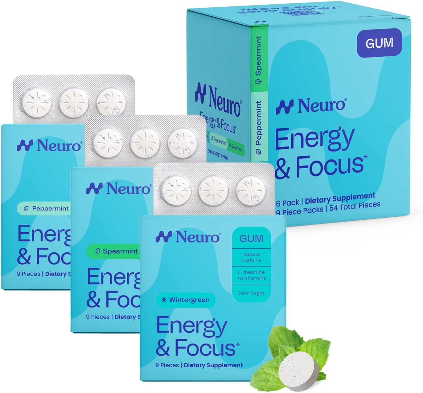 Variety Pack Gum - Energy & Focus Gum (Peppermint, Spearmint, Wintergreen) - Nootropic Supplement with Natural Caffeine + L-Theanine for Brain Health - Sugar Free, Vegan - 54 ct, 6 Pack