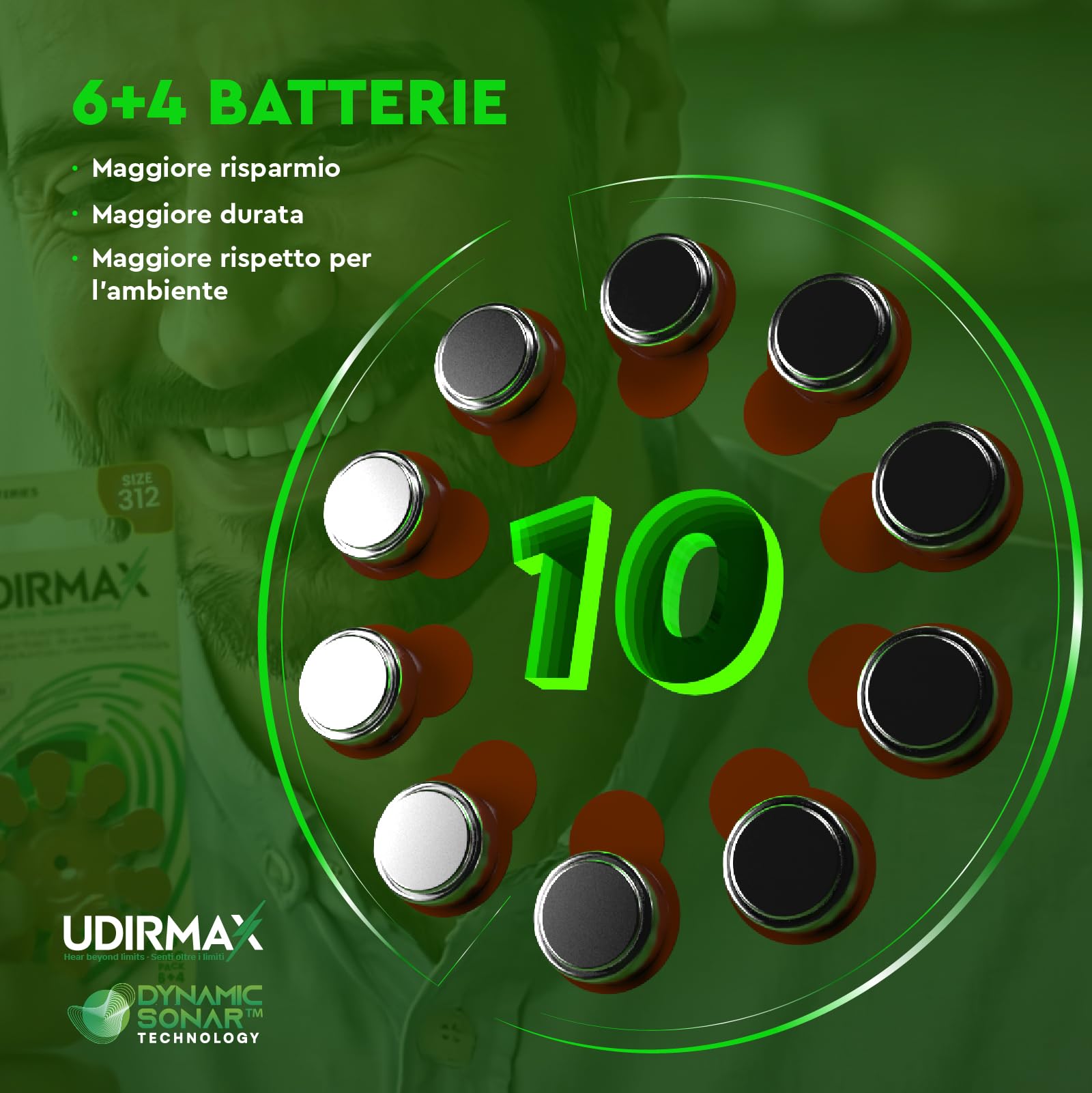 100 Batterie per Apparecchi Acustici Misura 312 Udirmax Pile PR41 Marroni Eco Pack Qualità Audio Costante Dynamic Sonar Zinco-Aria - 10 Blister Ecologici da 10 Pile
