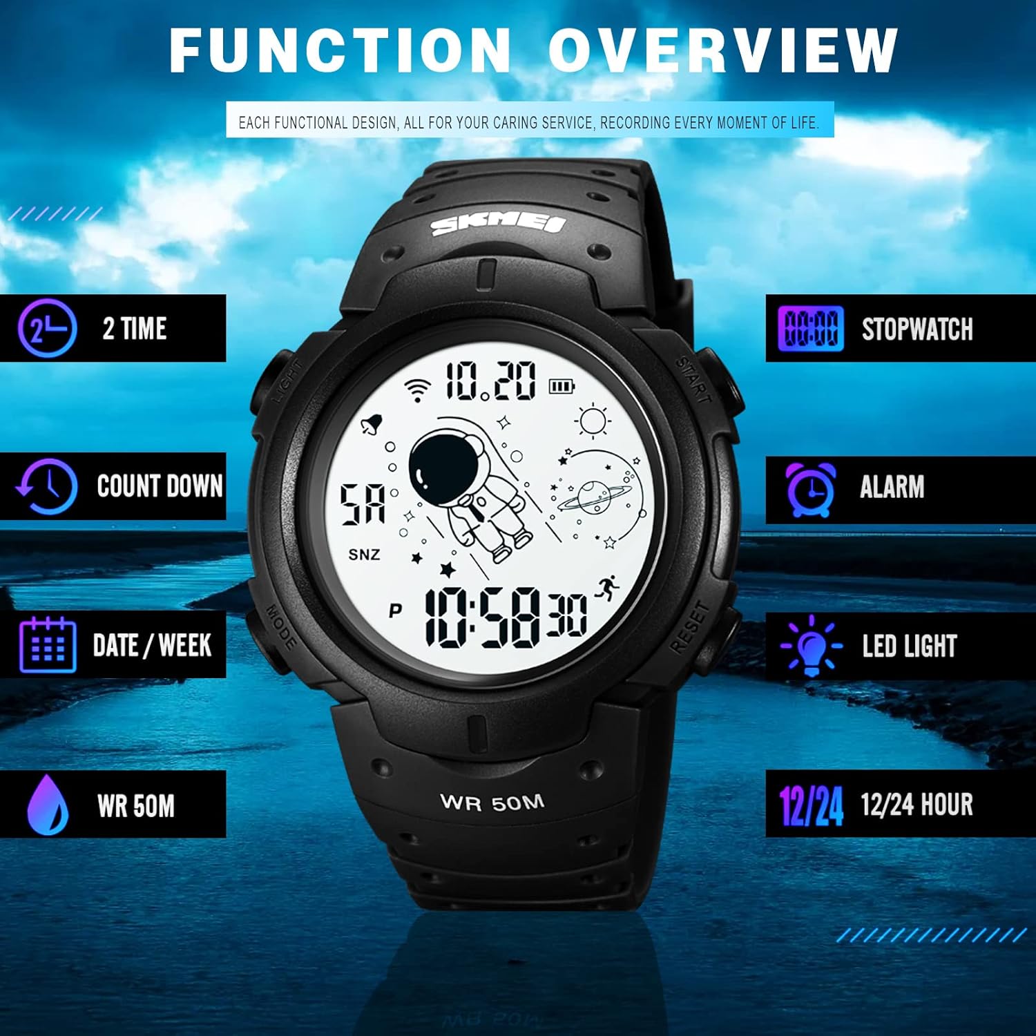 Miniatura 6 de SKMEI Reloj digital para hombre, reloj deportivo digital con pantalla LED, militar, impermeable, para hombre, cronómetro, alarma, reloj militar con