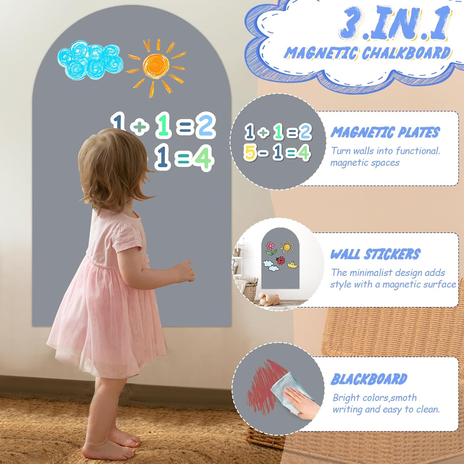 Removable Magnetic Chalkboard 24"x40" Wall Decal, Reusable Chalk Board with Damage-Free Adhesive, Strong Magnet, Wet-Erase & Easy to Install, Perfect for Playroom, Classroom Grey