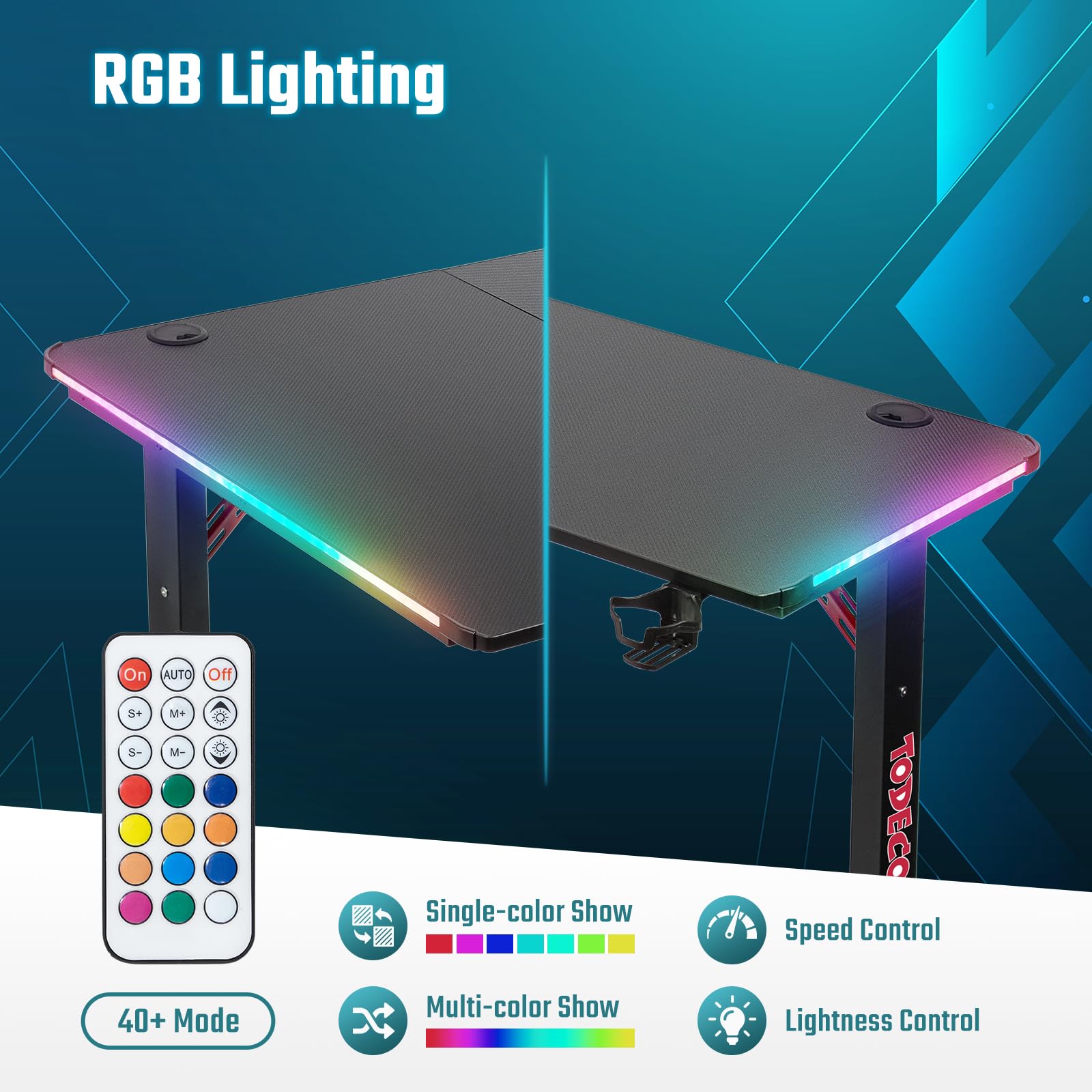 Todeco 140 x 100 cm L-förmiger Gaming Schreibtisch, Eckschreibtisch mit LED | mit Kopfhörerhaken, Getränkehalter, 40 RGB-Modi mit Fernbedienung, höhenverstellbare Beinpads, Kohlefaseroberfläche