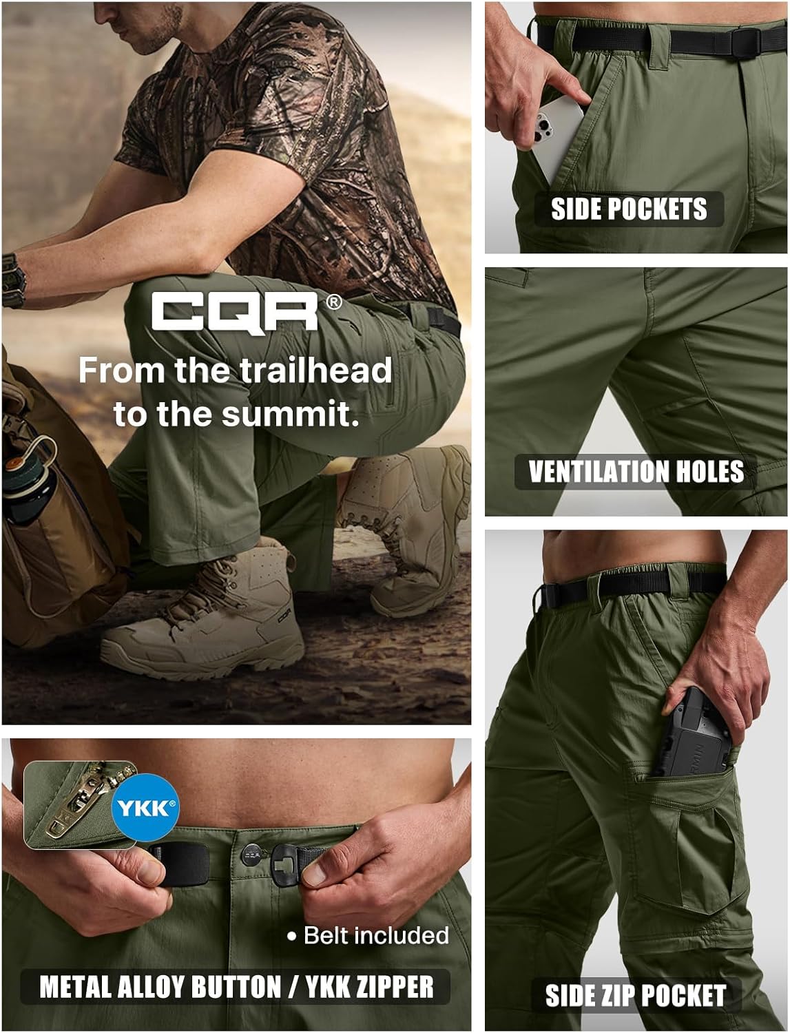 CQR Men's Convertible Cargo Tactical Pants, Water Resistant Outdoor Hiking Pants, Zip Off Lightweight Stretch Work Pants - Image 6