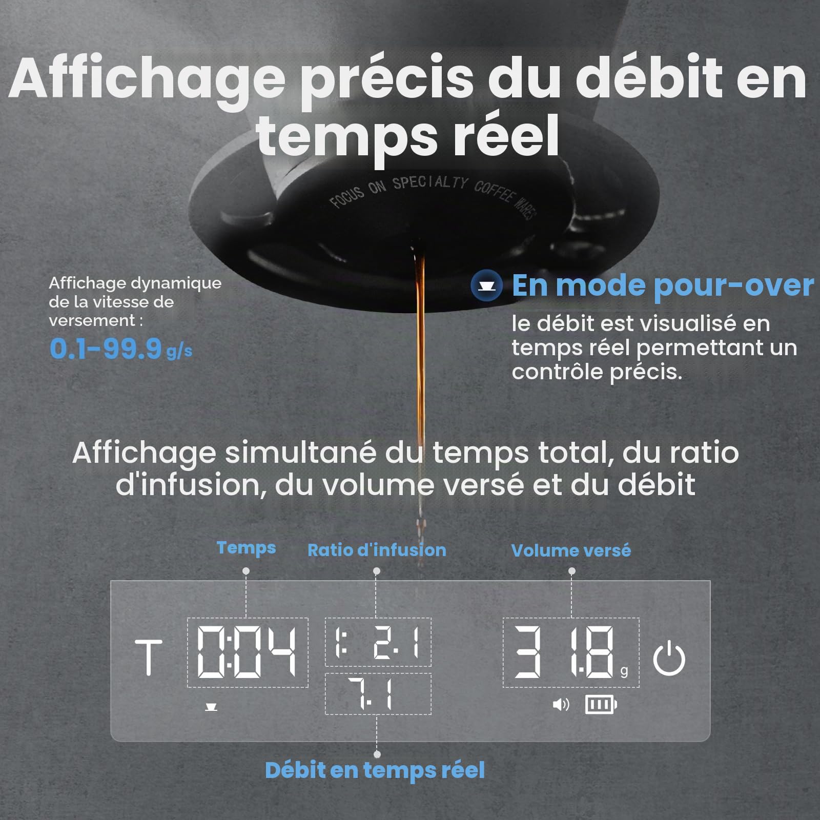 MHW-3BOMBER Grande balance à café avec minuterie, balance numérique à bec verseur avec débit, expresso précise de 2 kg/0,1 g, 3 modes, rechargeable en grain