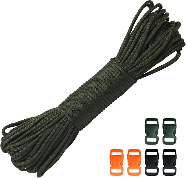 30M 550lb Paracord Rope 4mm Heavy Duty 7 Strand Nylon Cord Tent Rope Cord with 6 Plastic Buckles for Camping Hand Crafting (Army Green, 4mm * 30M)