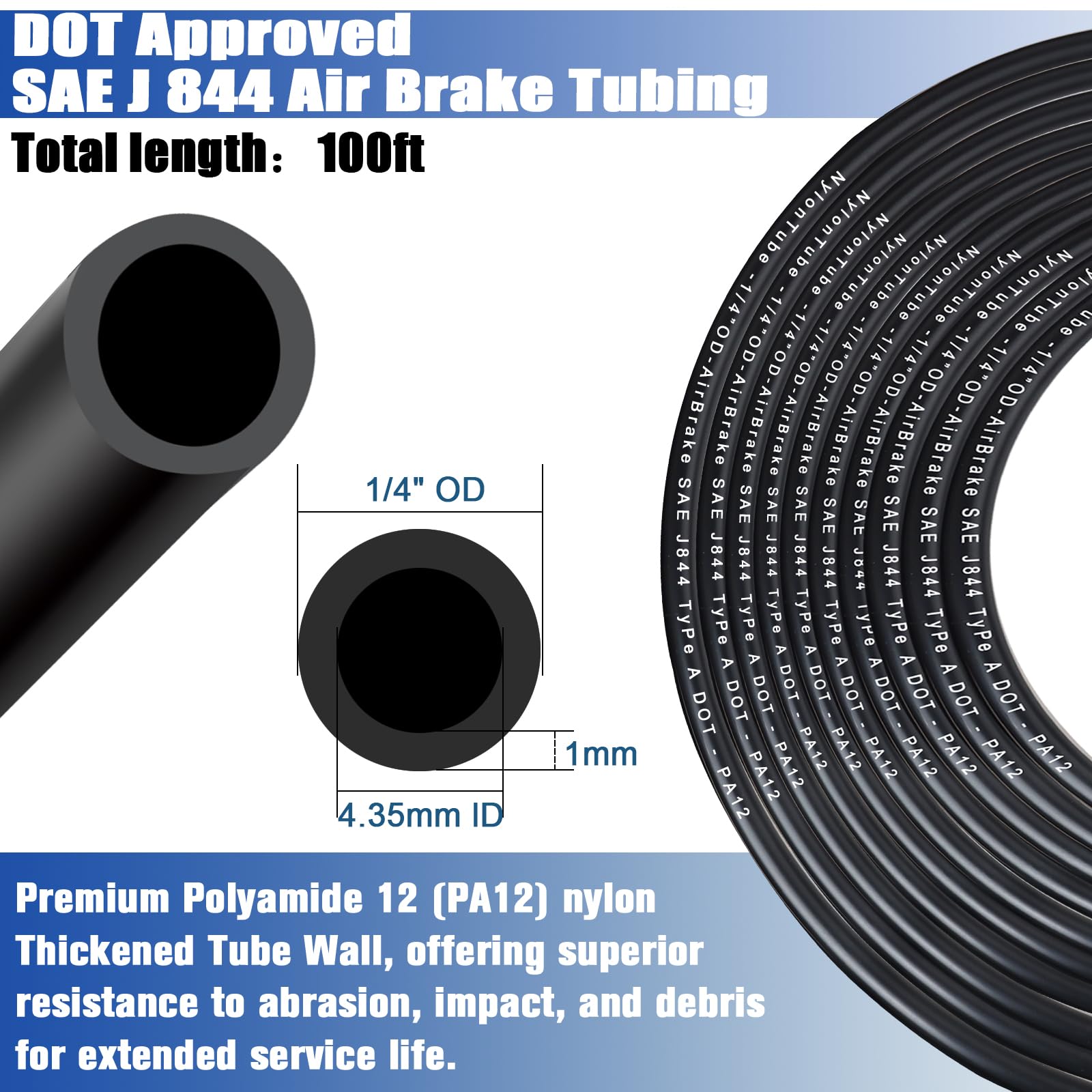 Tubo de freno de aire de nailon SAE J 844 PA12 de 1/4 pulgadas OD x 100 pies DOT negro con cortador y cinta de teflón, manguera de línea de aire de nailon neumático para semirremolque, sistema de