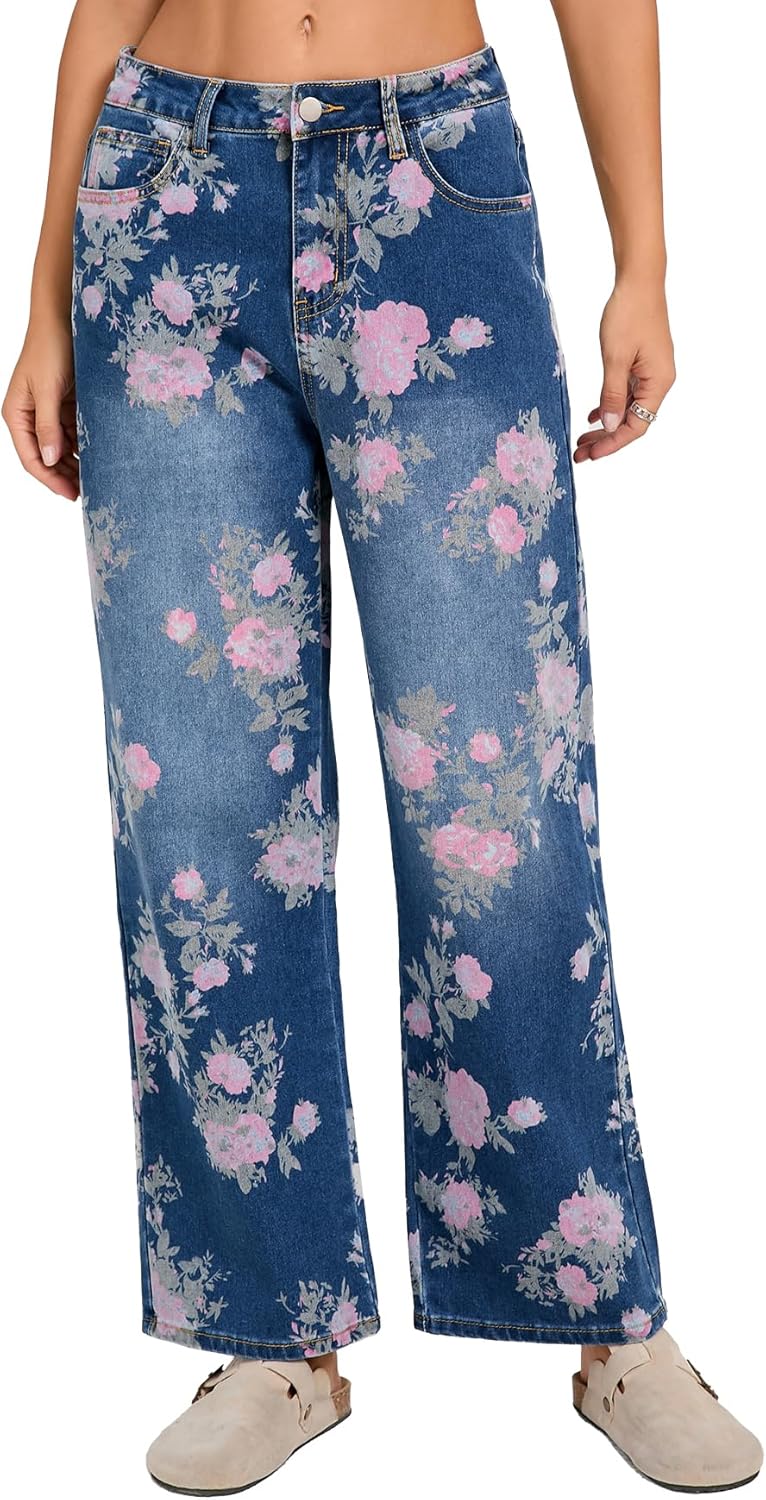Kedera Straight Jeans for Women Embroidered Wide Leg Denim Pants Boyfriend Baggy Jeans