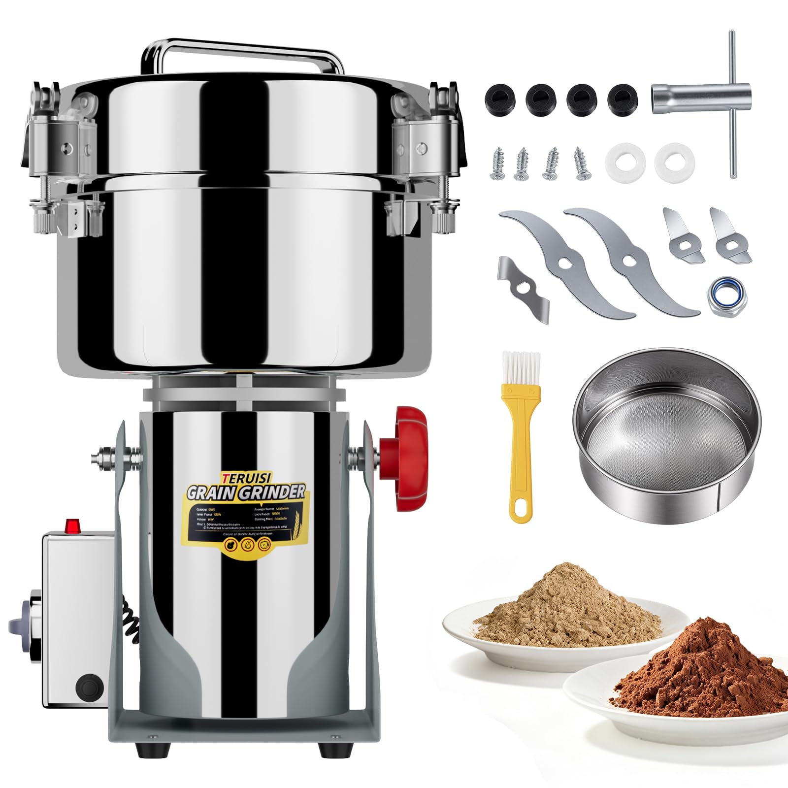 TERUISI 2500g Electric Grain Grinder,4500W Stainless Steel Grain Spice Mill Grinder High Speed 32000 RPM for Nuts Cereals Spice Grain Herb Flour with Overload Protection