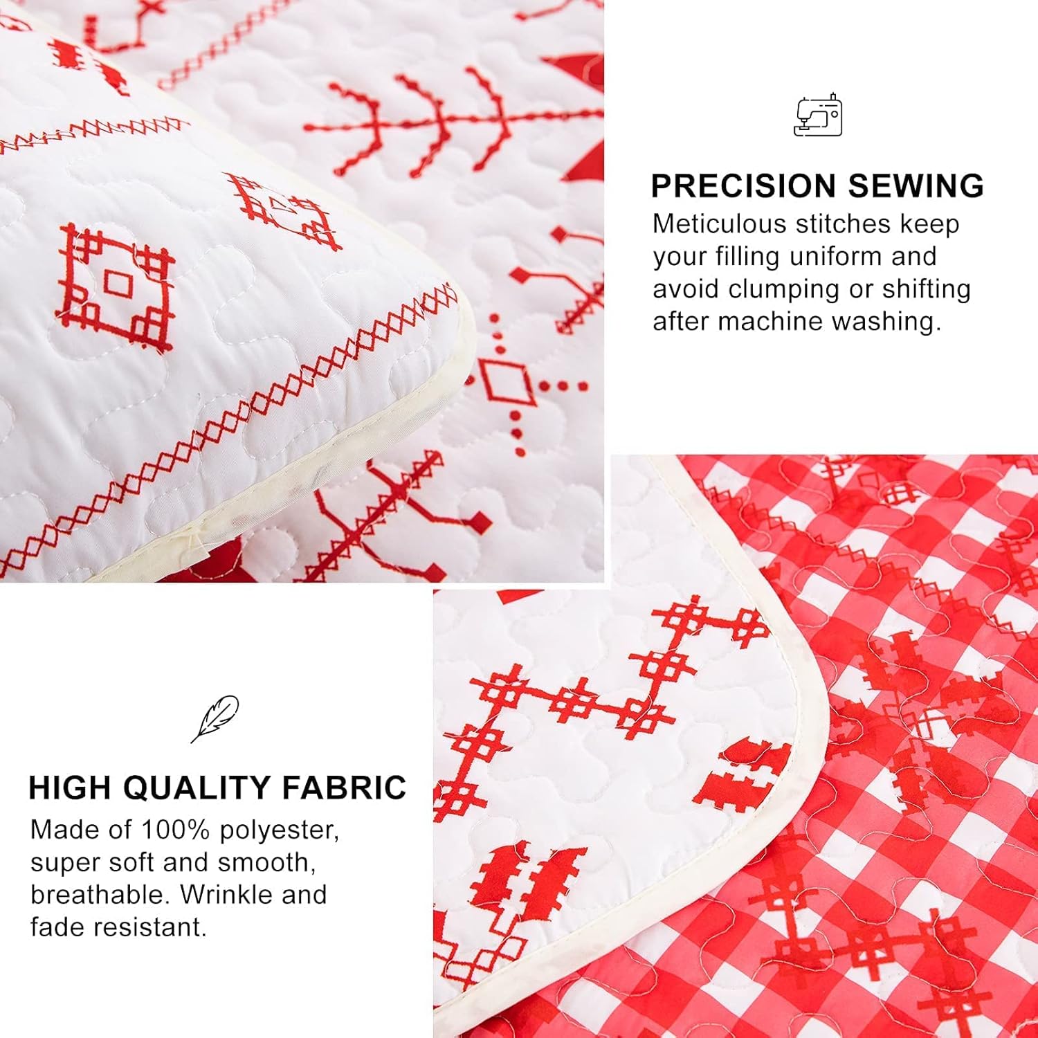 WONGS BEDDING Christmas Quilt Set Queen(90"x96") Snowflake and Christmas Tree Pattern Bedding Quilted Bedspread Coverlet with 2 Pillow Shams, Soft Microfiber Reversible Red White Plaid Bedding