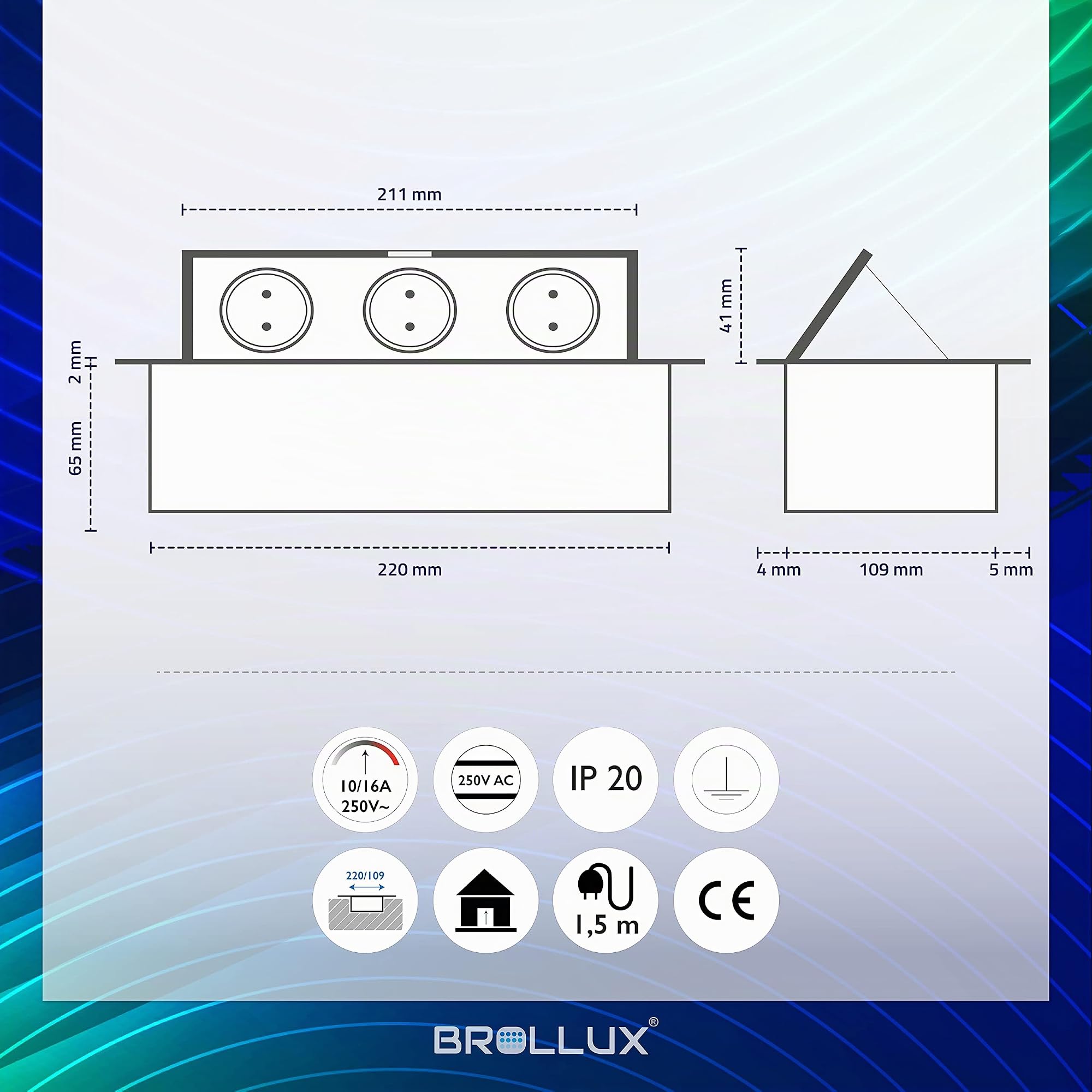 Brollux Versenkbare Einbau Steckdosenleiste 3-Fach - Black-Edition - Aluminium Spritzguss - mit Softöffnung - anschlussfertig mit Kabel und Stecker