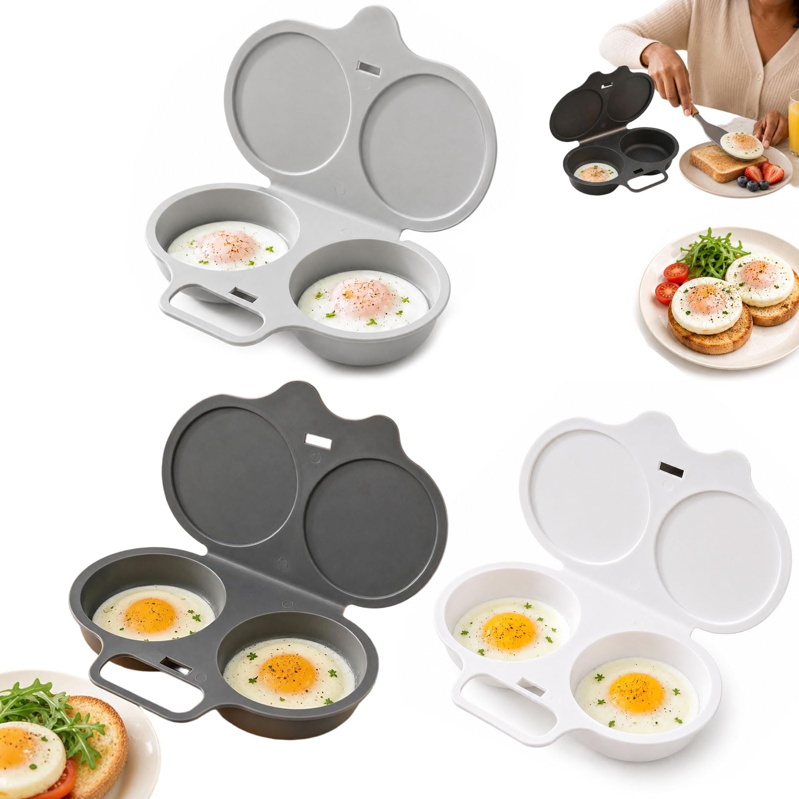 3PCS New Dual Cavity Microwave Egg Poacher With Lid & Handle,Quick-Heat