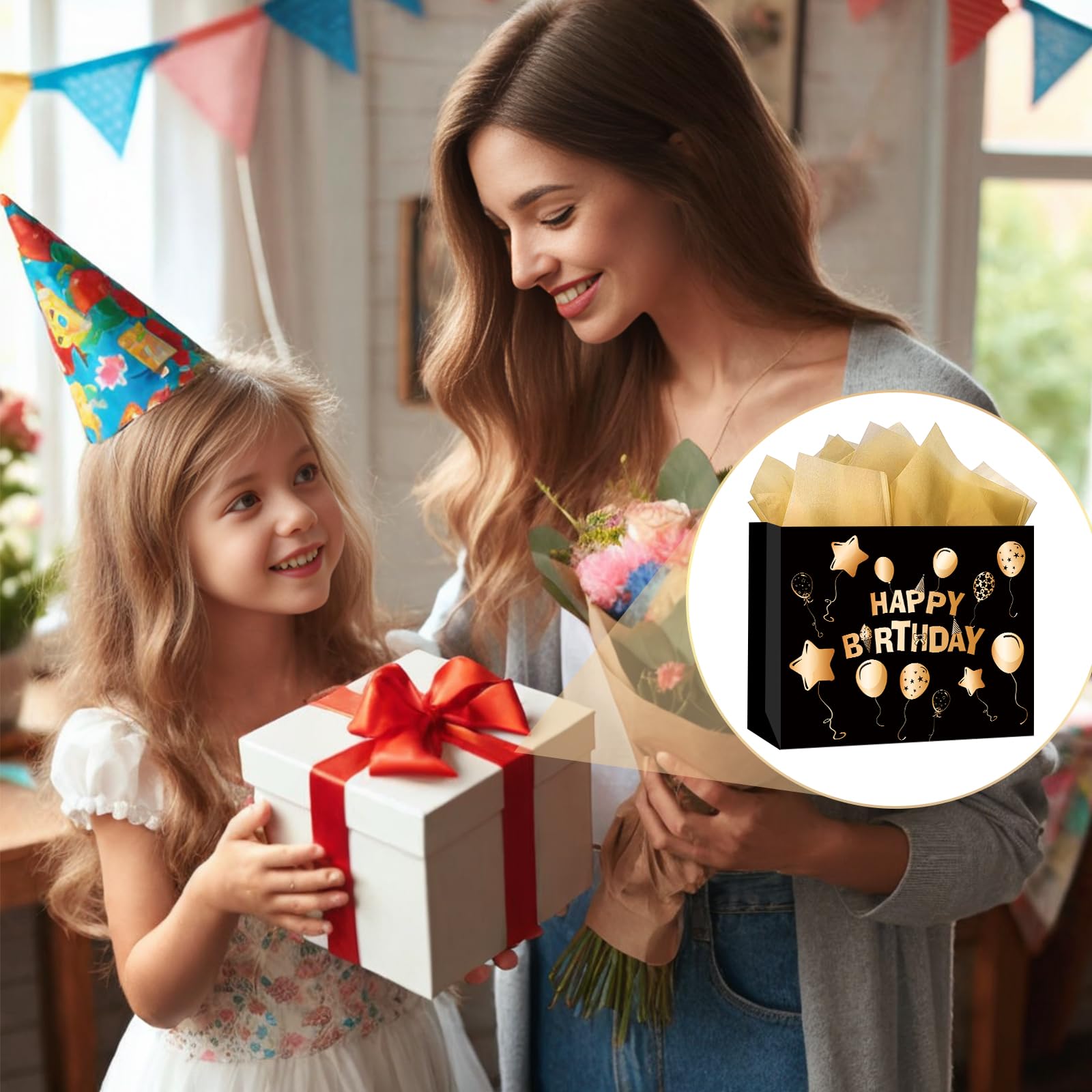 Sac Cadeau Anniversaire Noir Et Or Avec Papier De Soie - Emballage Luxe "Joyeux Anniversaire", 21x10x25 Cm