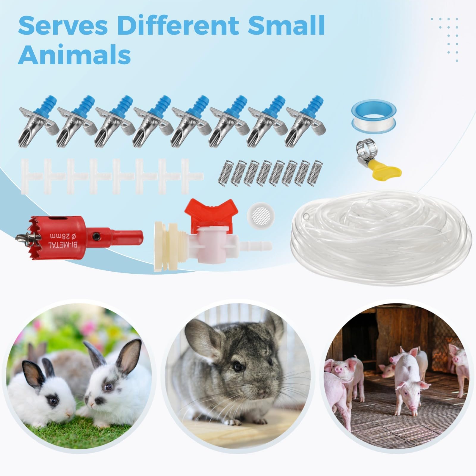 24 STK. Kaninchen-Tränker-Set, automatisches Kaninchen-Tränkesystem mit 5/16 Zoll Schlauch, T-Verbindern, Federn, Bohrer und Dichtung, für Kaninchen, Chinchillas