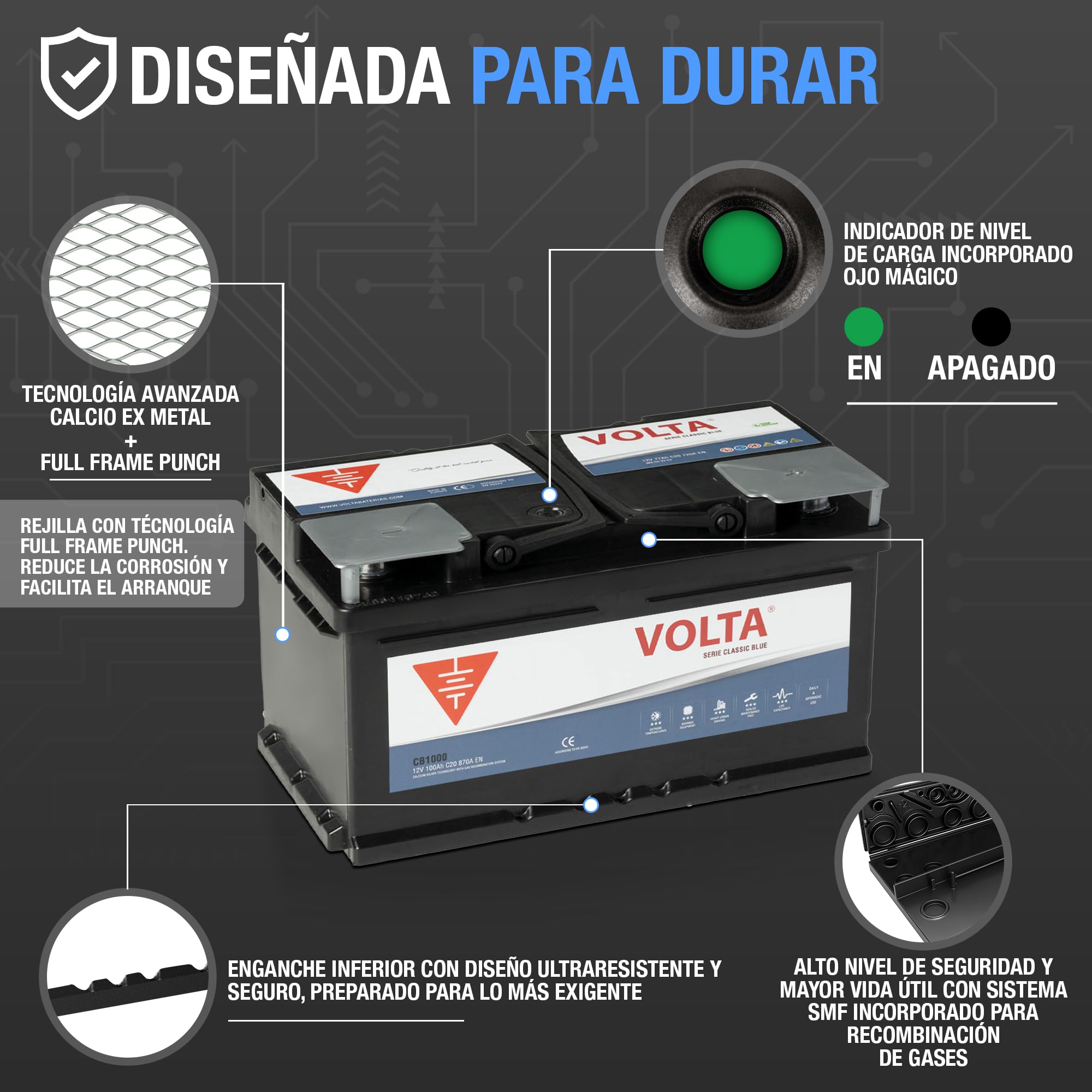 Bateria de Coche 100Ah 870A Volta CB1000D para Automóviles de turismo - Borne +Dcha - Medidas: 353 x 175 x 190 mm con 2 años de Garantía.