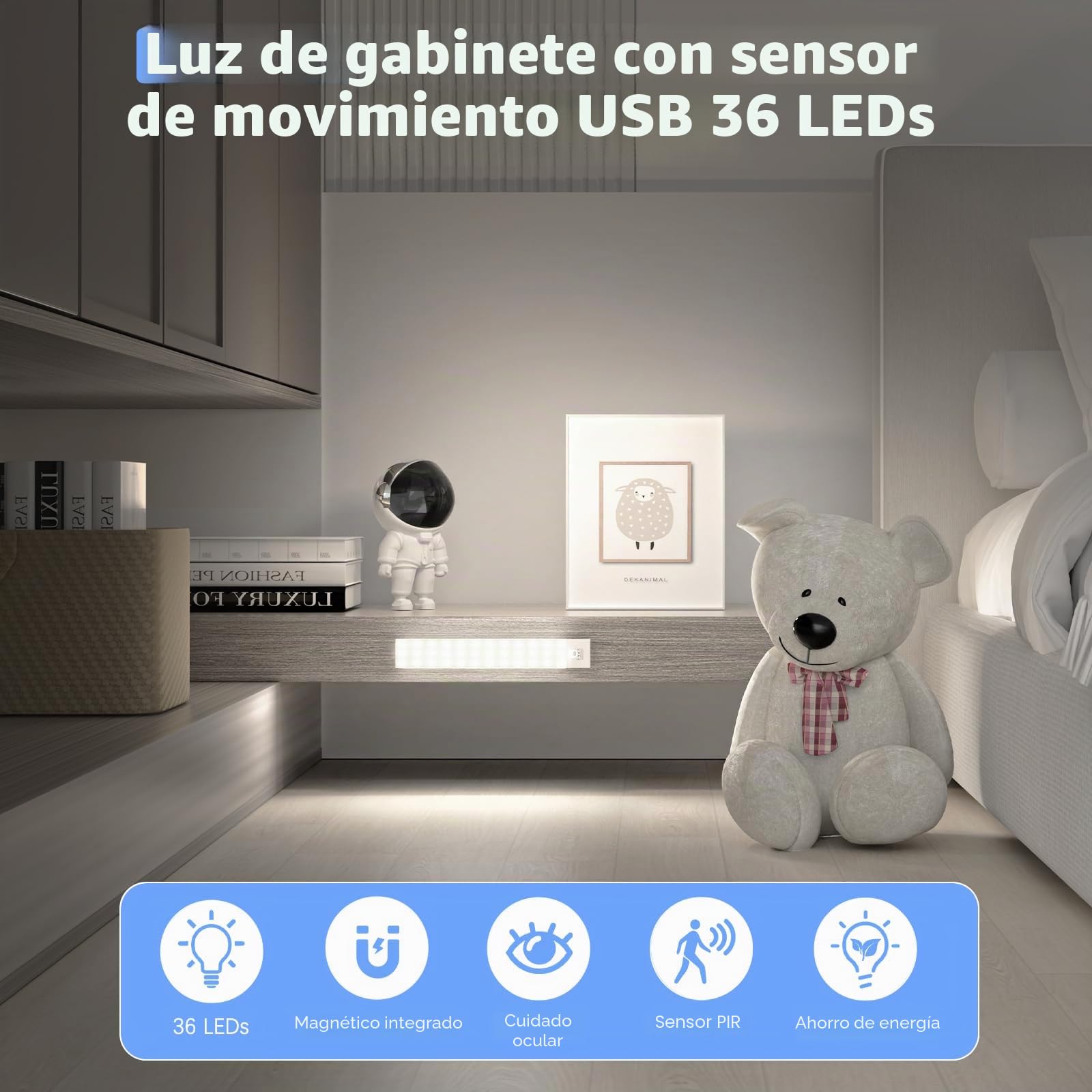 Luz LED Armario con Sensor Movimiento, 23CM Led Cocina Bajo Mueble 5000K USB Recargable 1000mAh, Luz LED Adhesiva para Cocina, Armario, Escalera, Pasillo, Garaje-3 Piezas