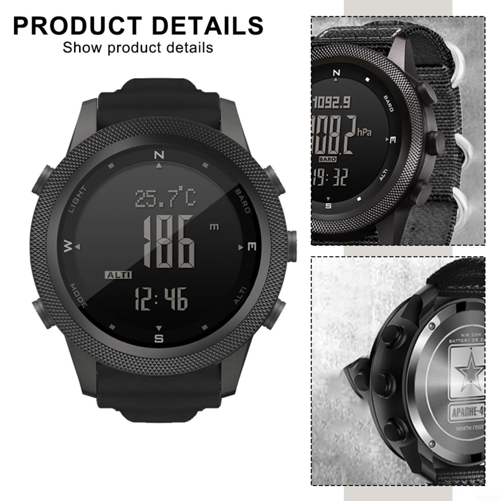 North AP46 - Reloj digital táctico para hombre: metal para brújula, podómetro, termómetro, retroiluminación EL, impermeable, para senderismo al aire libre, color negro