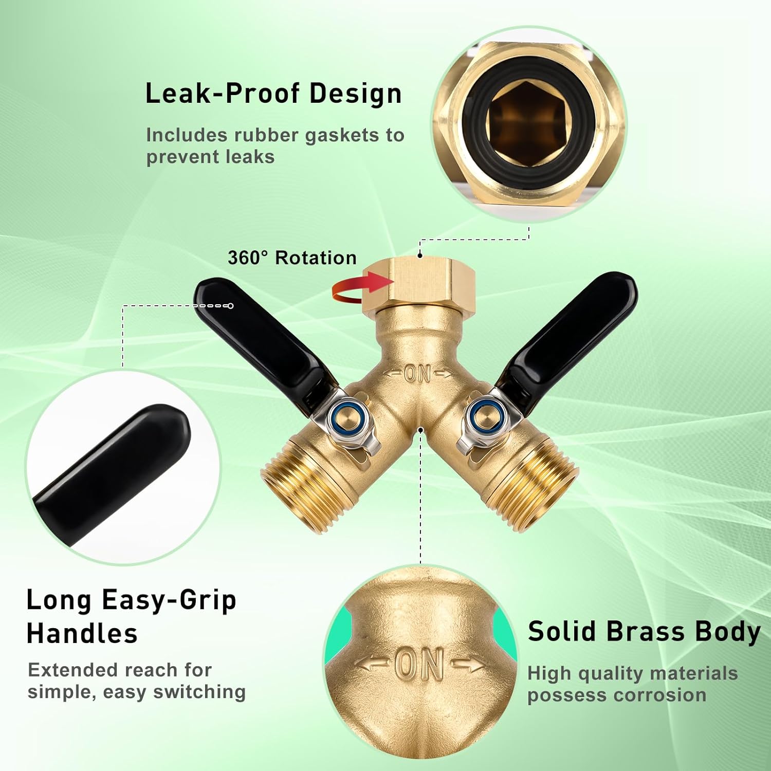 Dalmbox Garden Hose Splitter 2 Way, Brass Y Hose Connector With Long Handle Shut Off Valves, 3/4" GHT Heavy Duty Outdoor Faucet Adapter, Water spigot Splitter for Garden Watering, Lawn, Car Wash
