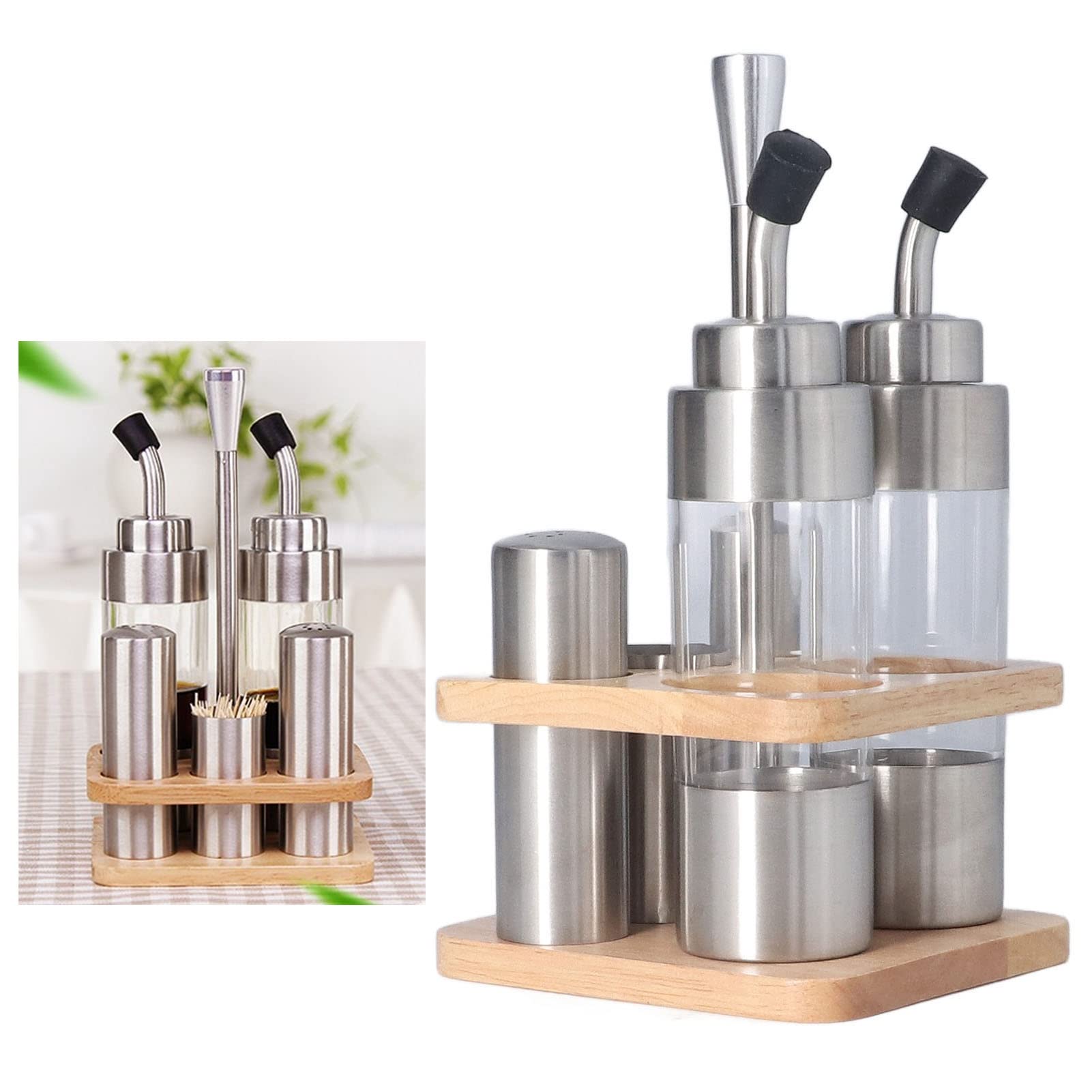 Gewürzflaschen-Set mit Holzregal, 304 Edelstahl Küchentisch-Gewürzaufbewahrung für Öl, Salz, Sojasoße und Essig, 5-teiliger Gewürzspender mit Buchenholzständer