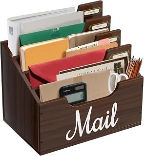 Mail Organizer Countertop, Desktop Mail Basket with 4 Slots, Wooden Mail Paper Holder, File Holders for Document Envelopes and Bills, Large Mail Holder and Classroom Mailbox for Office Home