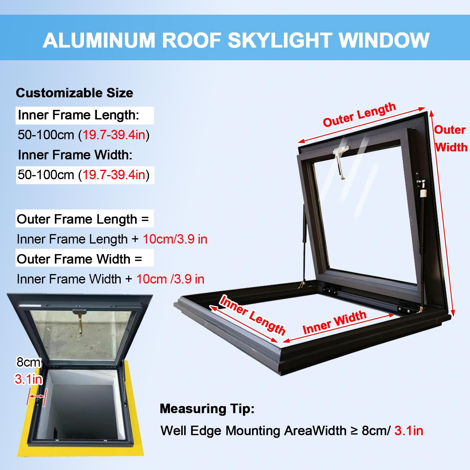Aluminiowy luk dachowy Emerncy z podwójną hartowaną szczeliną i hydraulicznymi rozpórkami, wodoodporne okno dachowe na poddasze/piwnicę/ogród, 61 x 80 cm