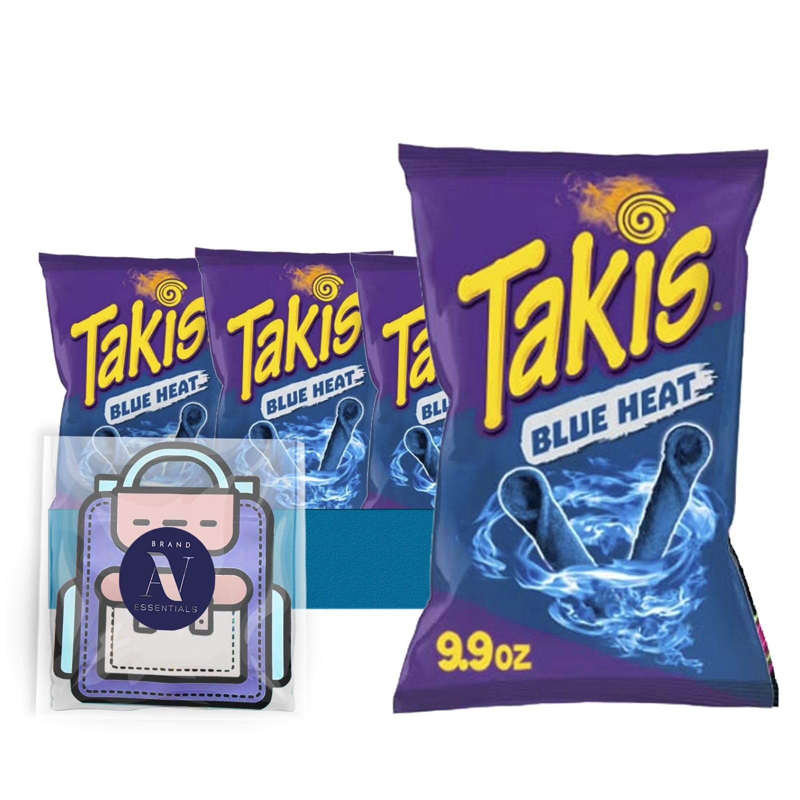 TakisLavinia Essentials Bundle: 4-Pack of Blue HeatSharing Size Bag, Hot Chili Pepper Rolled Tortilla Chips 9.9 oz Bag + 1 Utility Prop