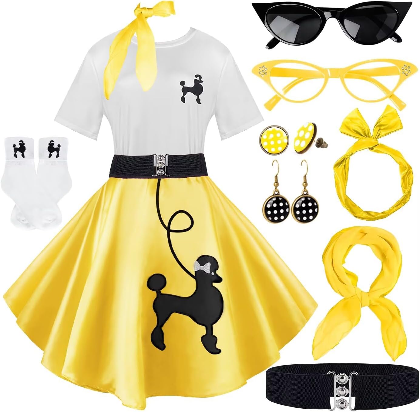 10Pcs Sock Hop Outfits Women, 1950s Poodle Skirts, Poodle T-Shirt with 50s Accessories Socks Scarf Headband Belt Earring