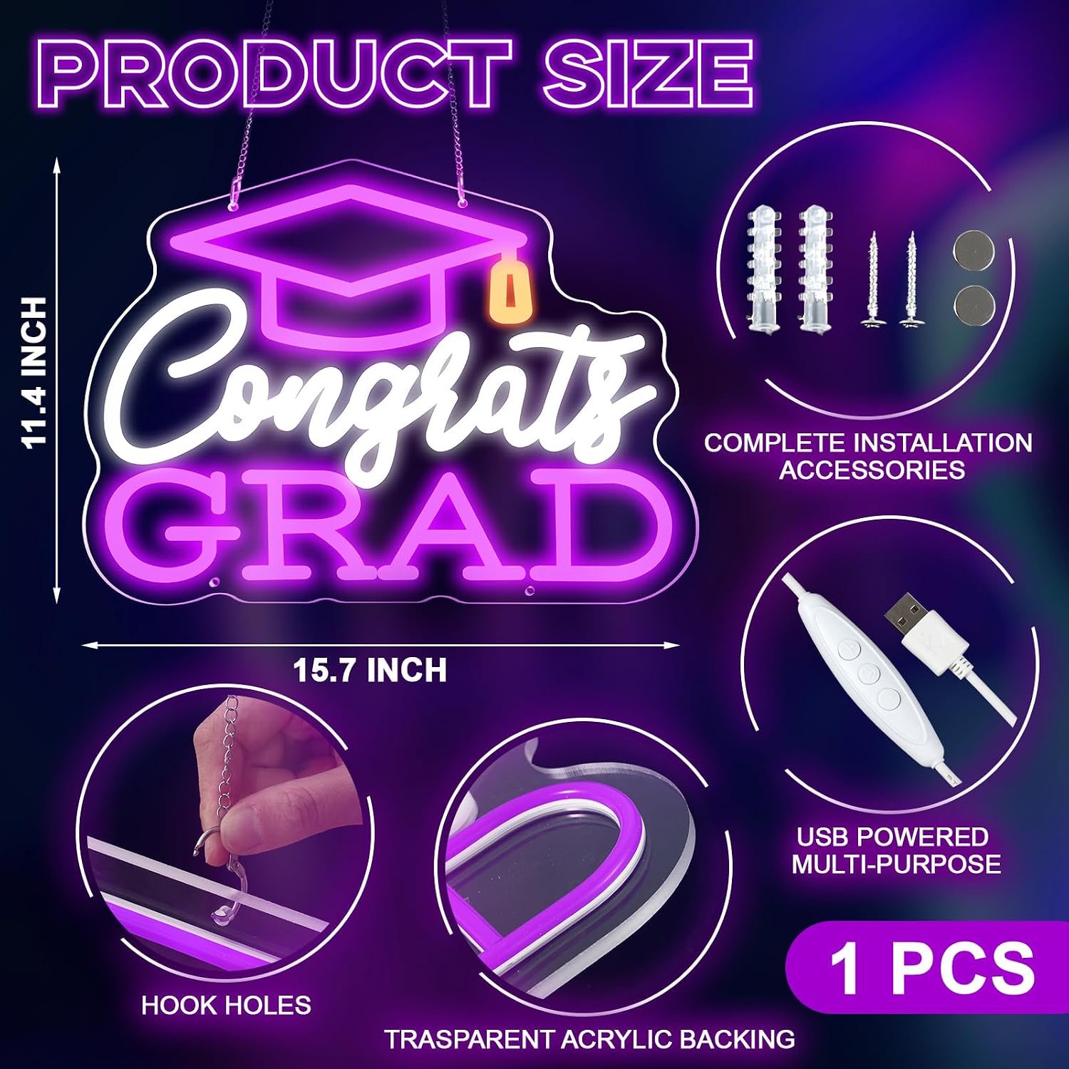 Rossesay 2026 Congrats Grad Neon Sign 15.7 x 11.4 in Purple LED Light Congratulations Sign with Hat Stylish Graduation Decoration USB Powered Photo Backdrop for Room Celebration Wall Decor