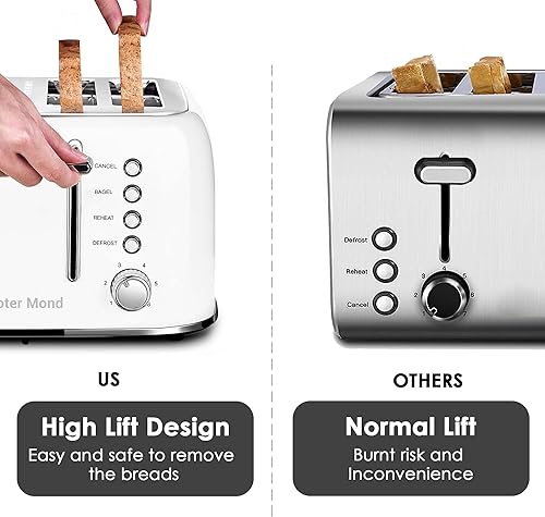 Vista 9 de Roter Mond Tostadora de 4 rebanadas retro de acero inoxidable con ranuras extra anchas para bagel, función de descongelación, recalentamiento, panel