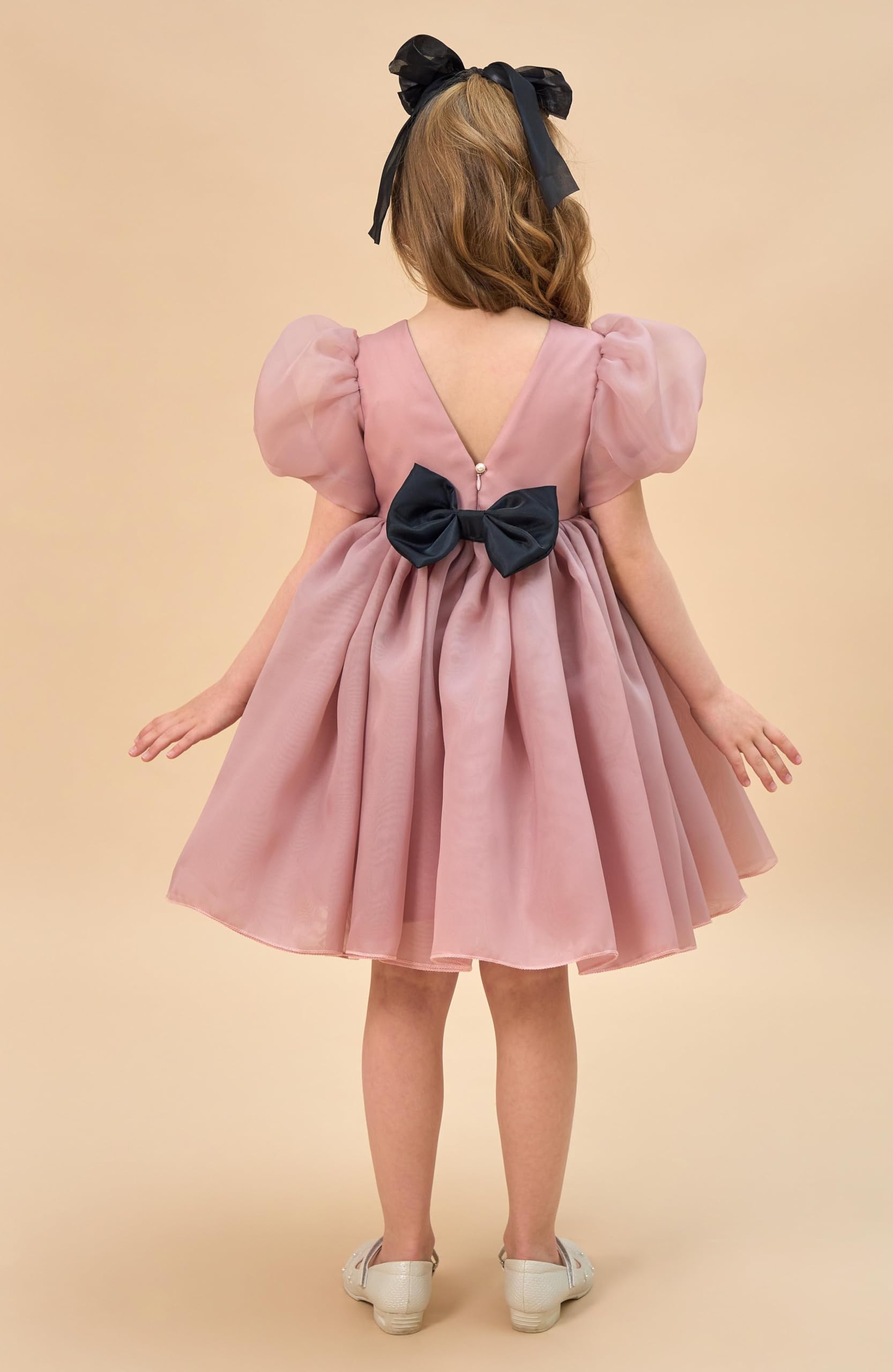 LalaMira Flower Girl Dress Organza Toddler Dresses Puff Sleeve & Bow Bcak Girls Princess Dress for Wedding Birthday Party Dusty Rose-12M