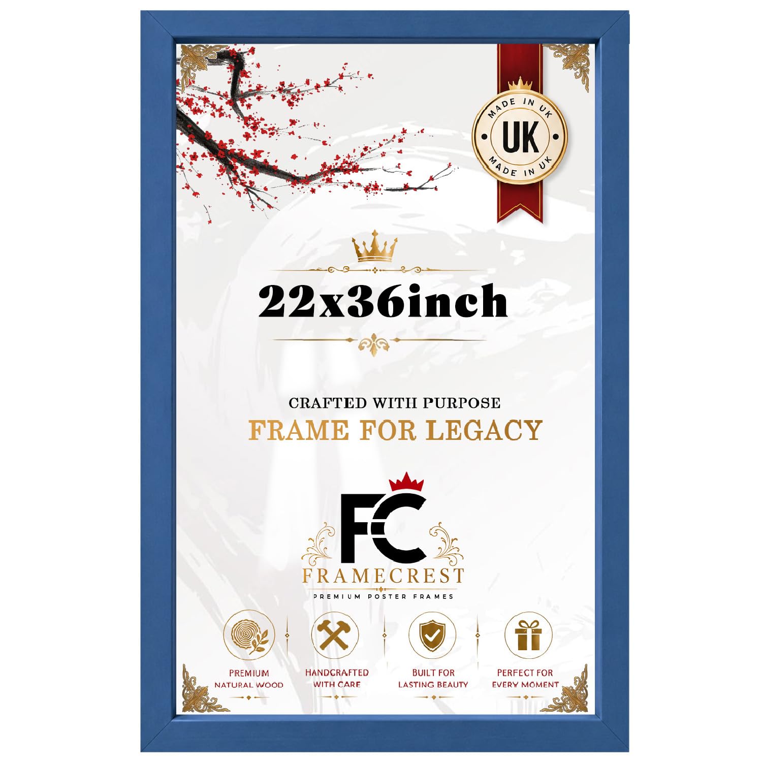 FRAMECREST 22x36 Inch MDF Poster Frame Blue | Large Engineered Wood Frame with Crystal Clear Perspex | Wall Hanging Frame for Posters Photos Artwork Gallery Decor- [Blue]